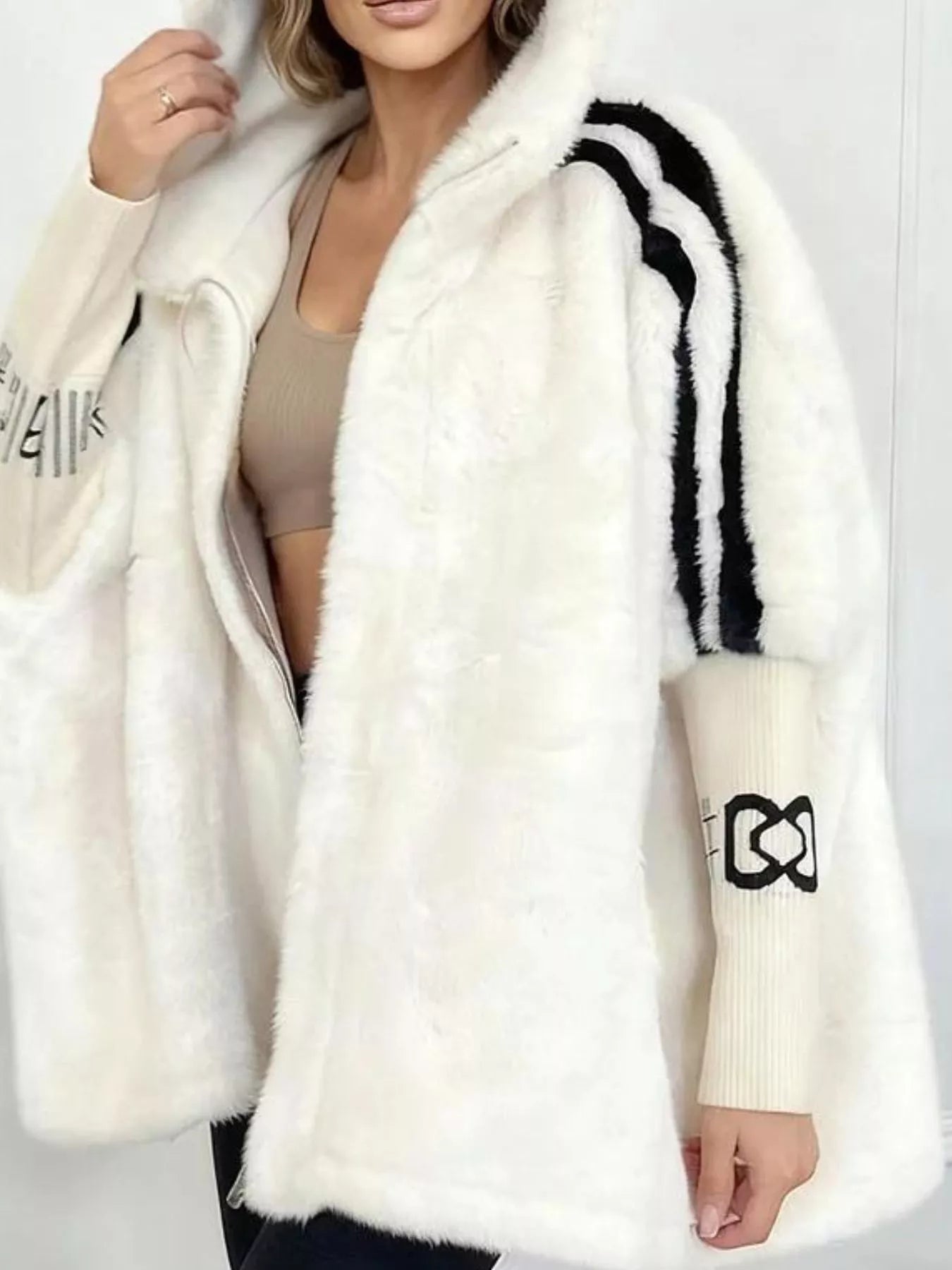 Hooded Faux Fur Striped Trim Outerwear