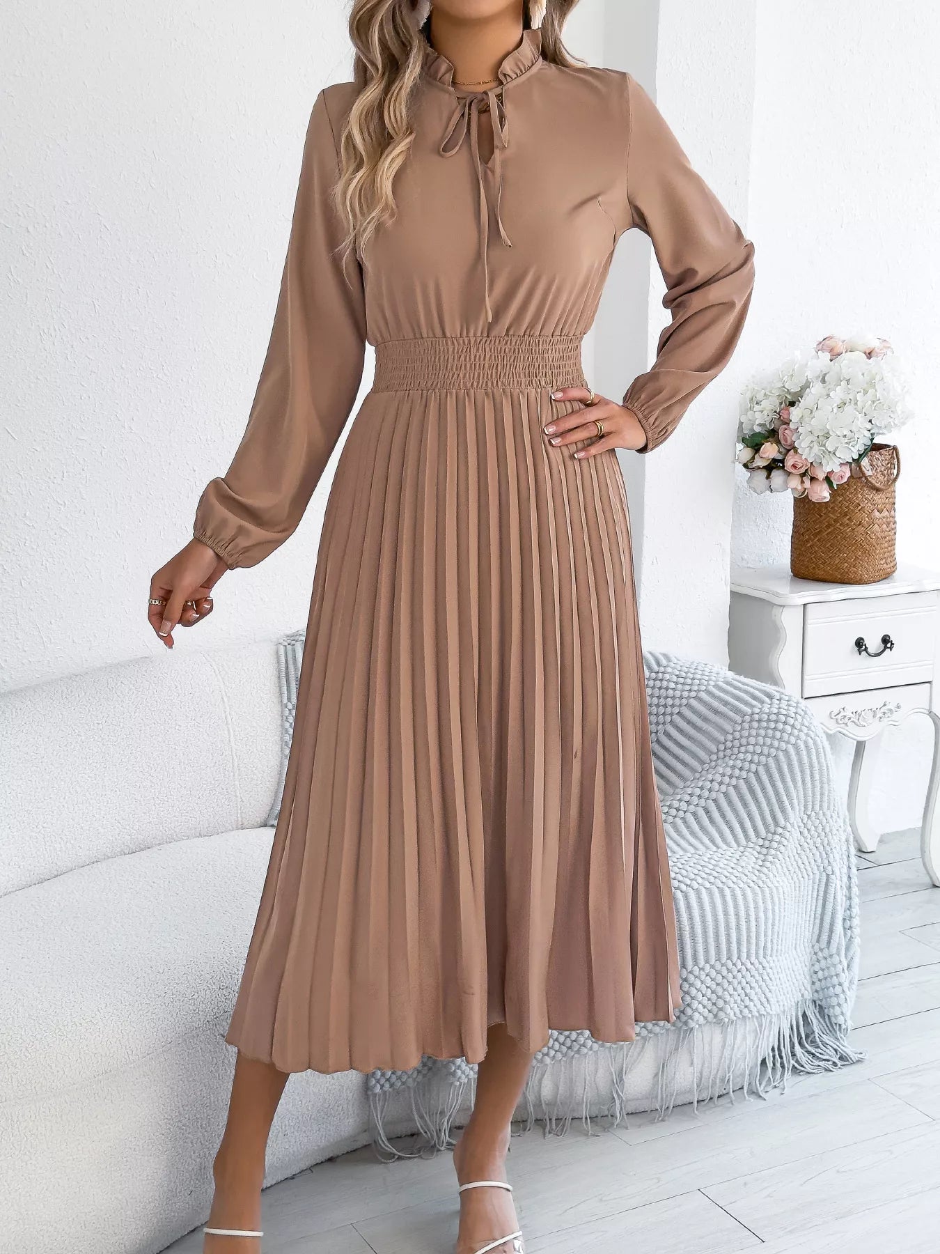 Smocked Pleated Tie Neck Dress
