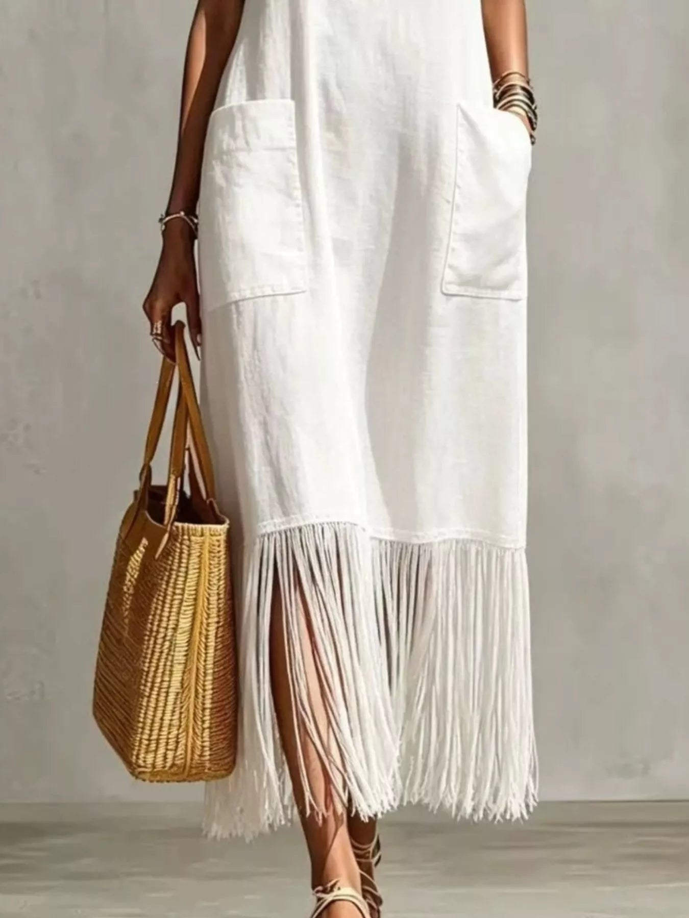 Full Size Fringe V-Neck Spaghetti Strap Dress Plus Size