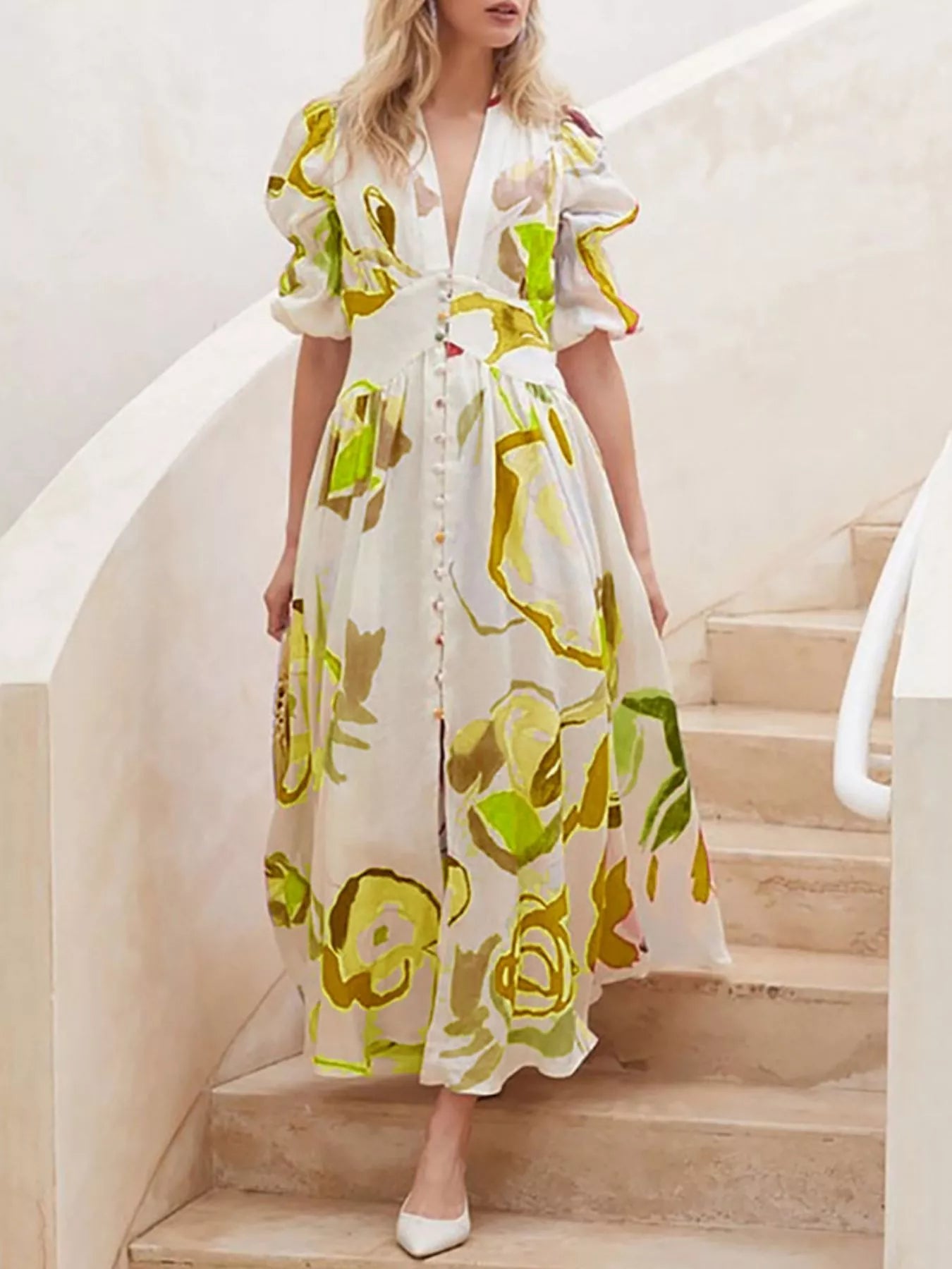 Full Size Abstract Print Puff Sleeve Midi Dress Plus Size