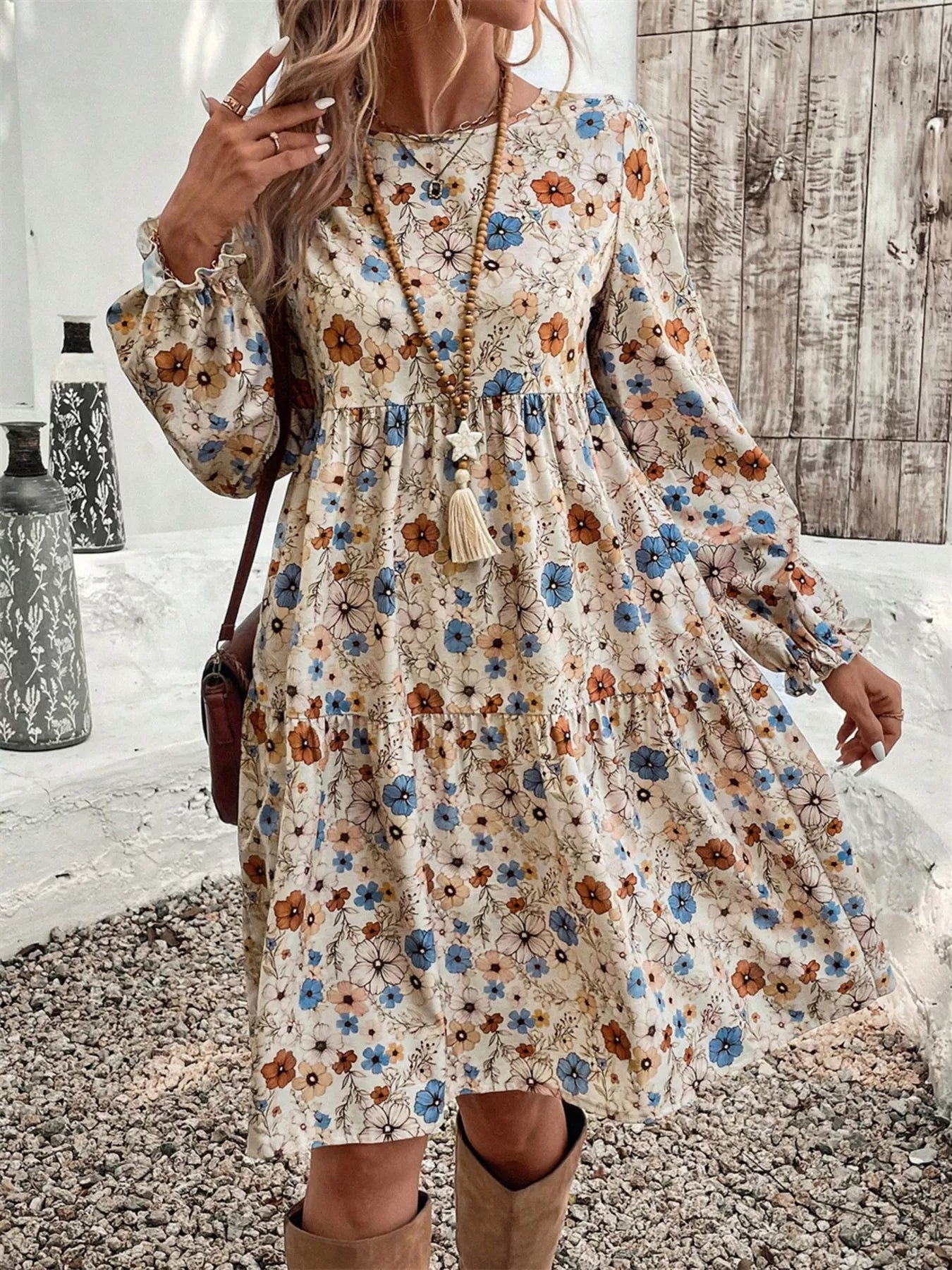 Floral Print Ruffle Hem Long Sleeve Casual Dress