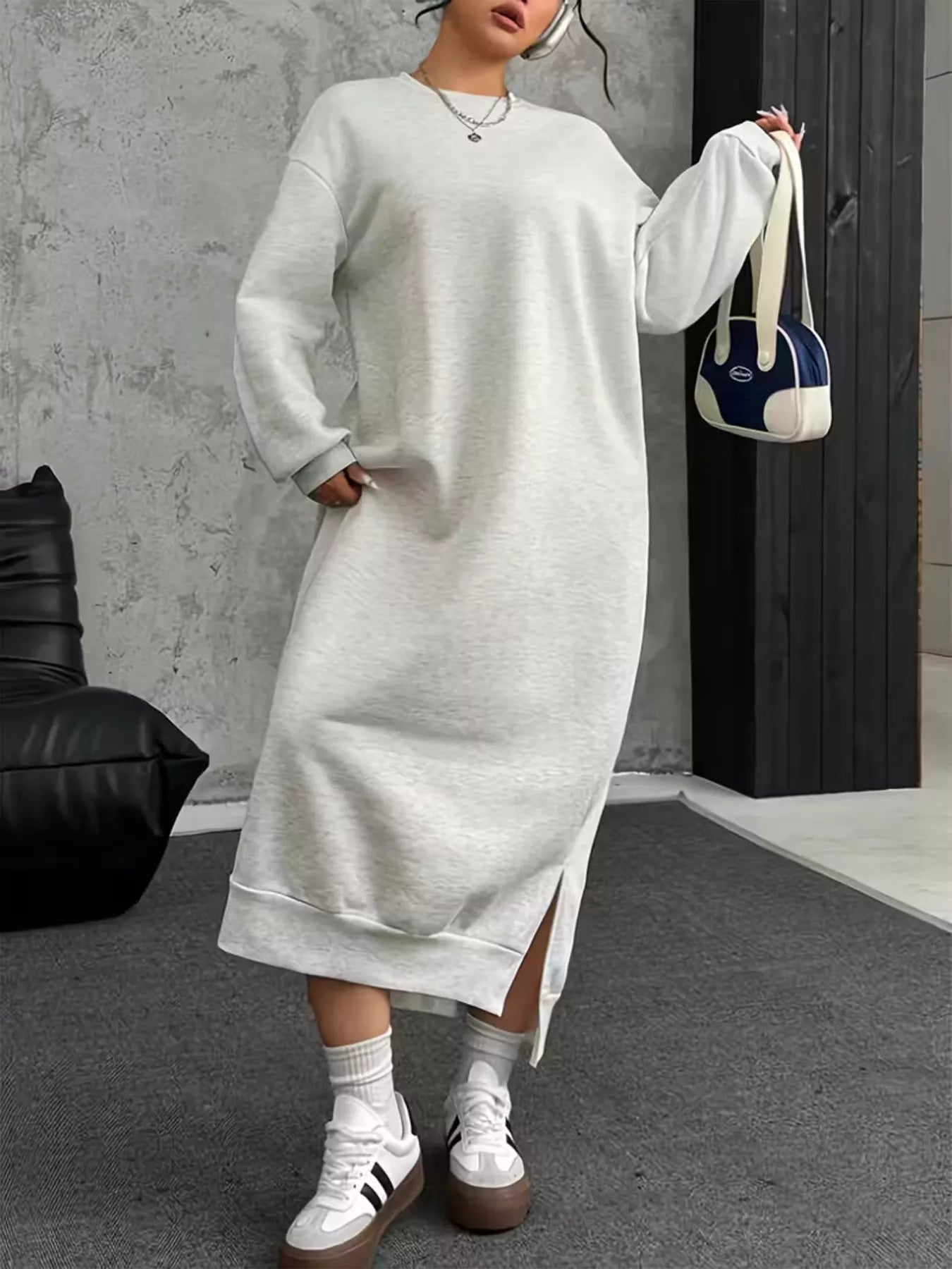 Plus Size Casual Slit Long Sleeve Sweatshirt Dress