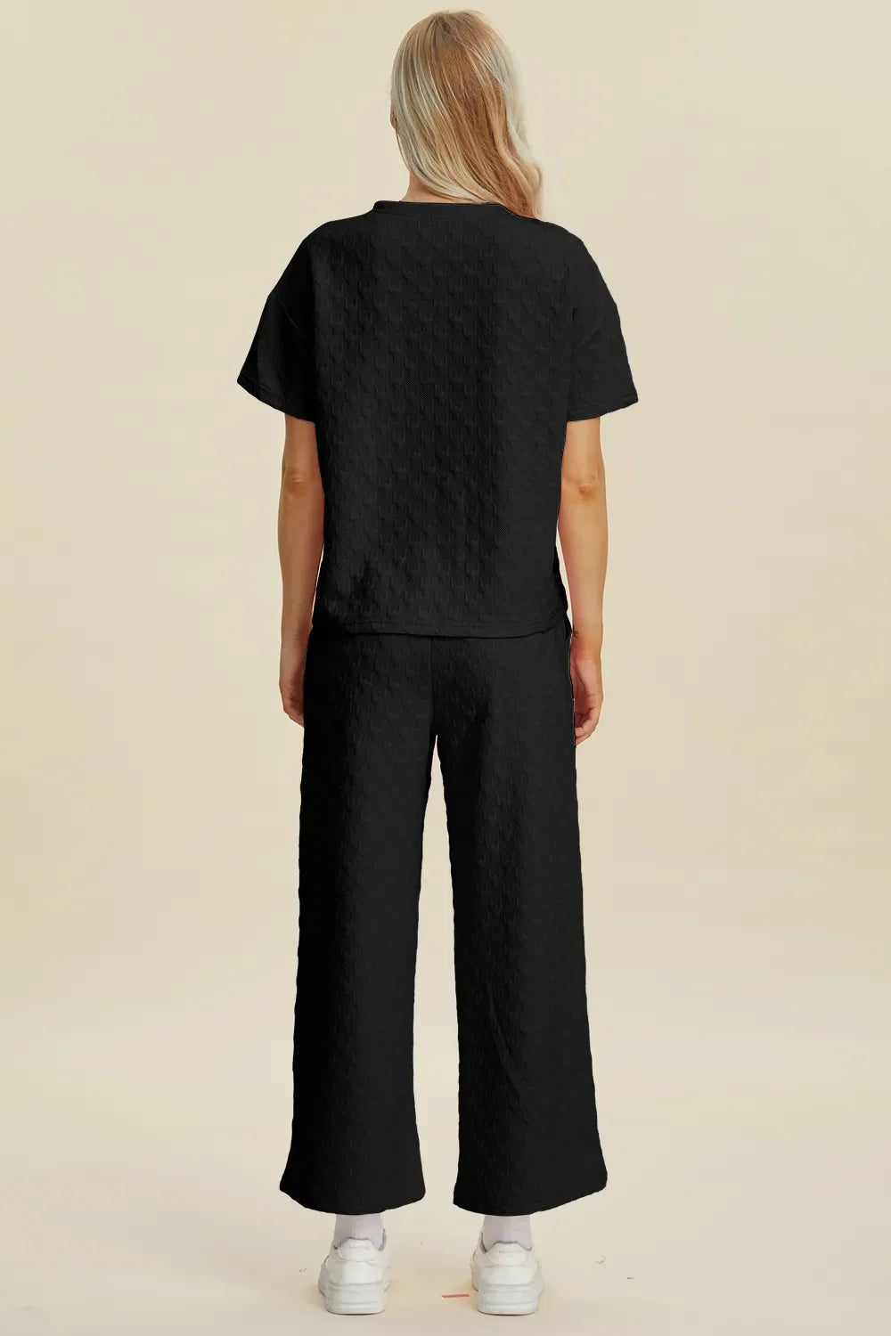 Double Take Full Size Texture Round Neck Short Sleeve Top and Pants Set