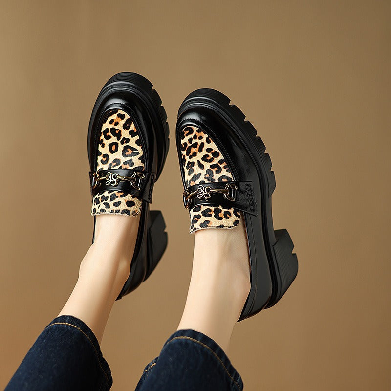 Thick-soled platform shoes for women, genuine leather, leopard print, lazy slip-ons, fisherman's loafers
