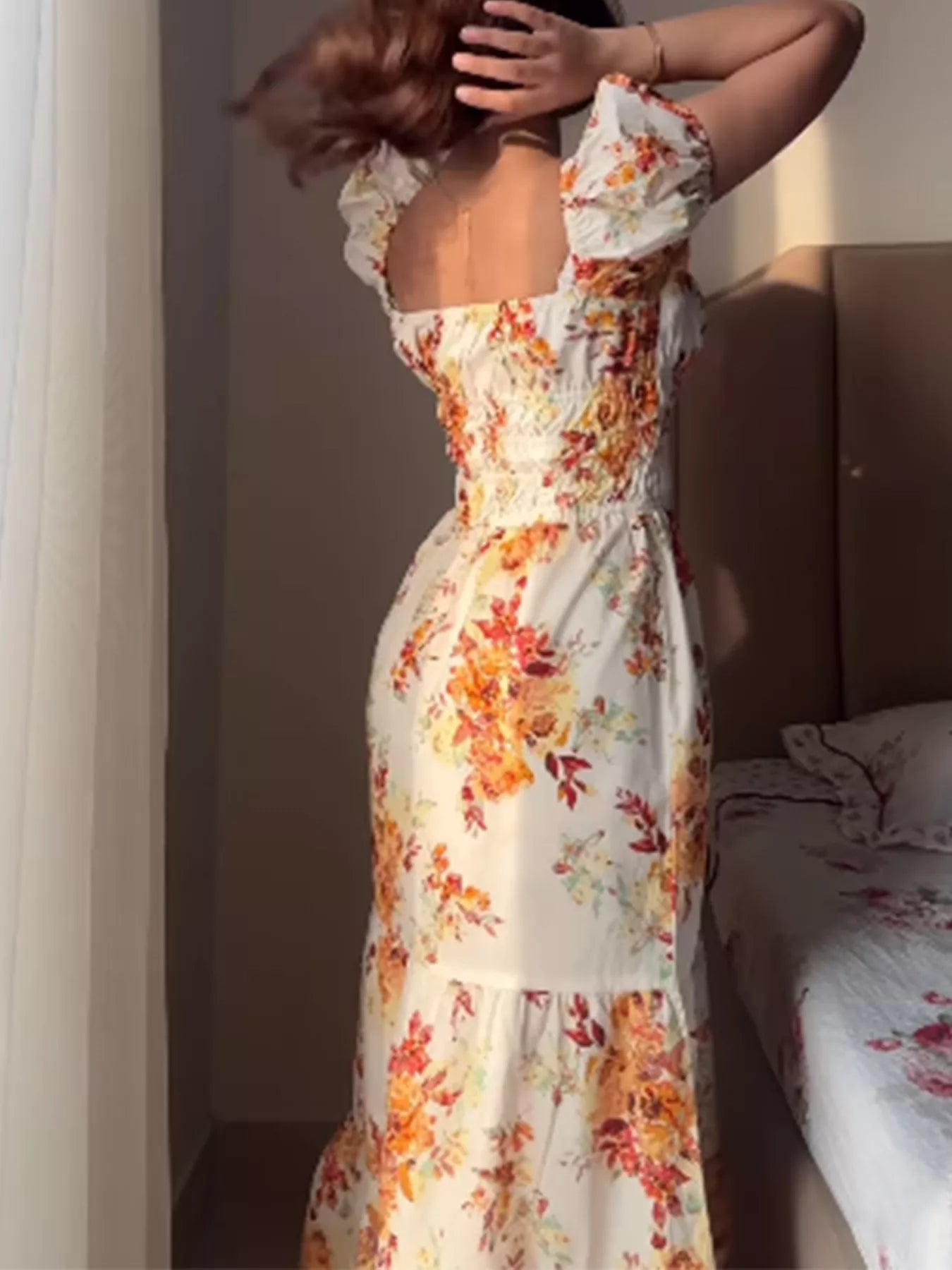 Floral Print Square Neck Puff Sleeve Maxi Dress