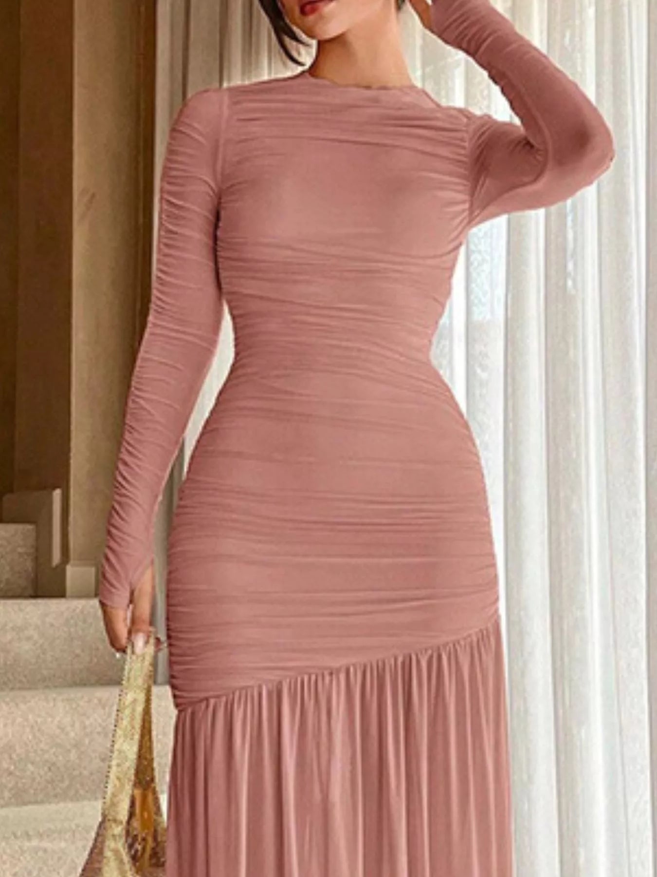 Ruched Long Sleeve Bodycon Midi Dress