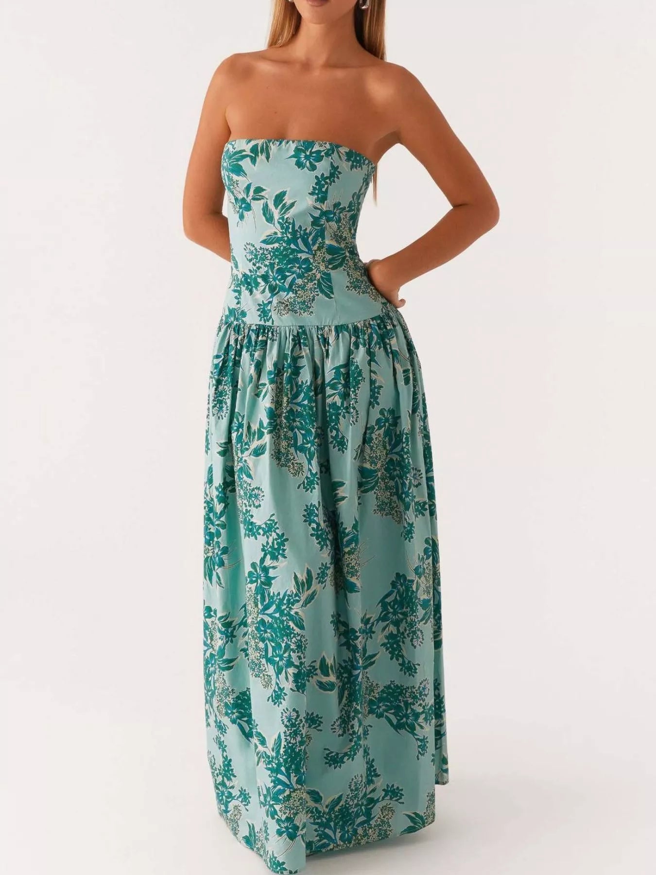 Ruched Printed Tube Maxi Dress