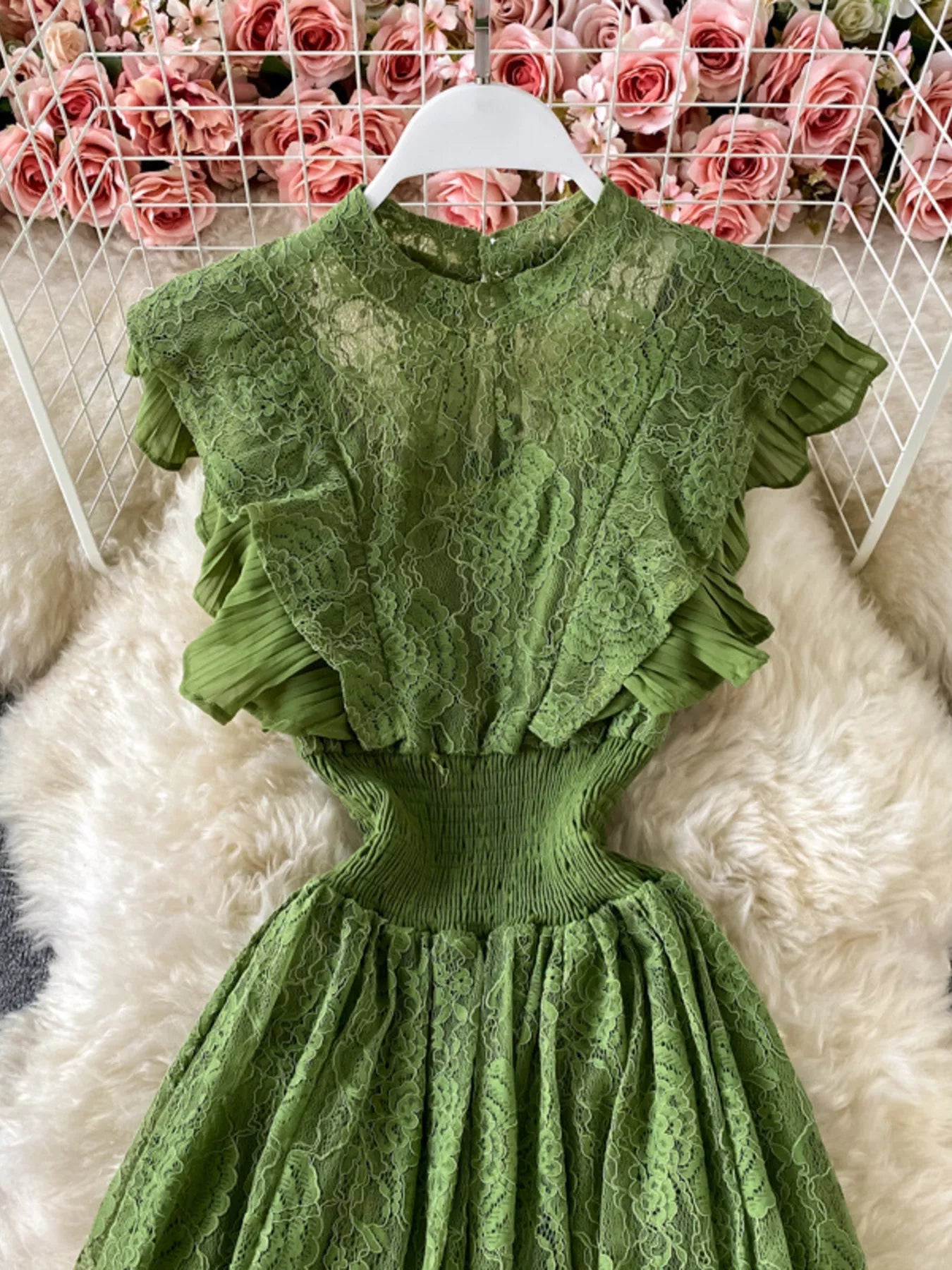 Ruffled Mock Neck Lace Maxi Dress