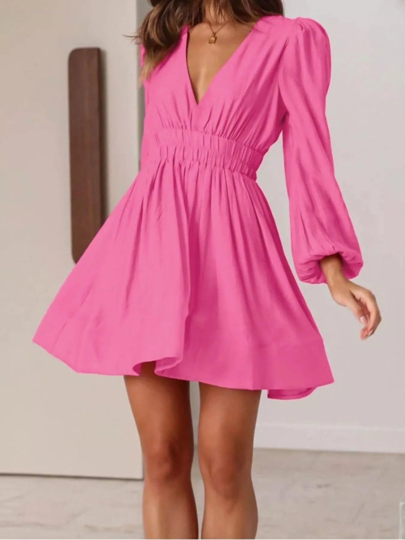 V-Neck Long Sleeve Mini Dress
