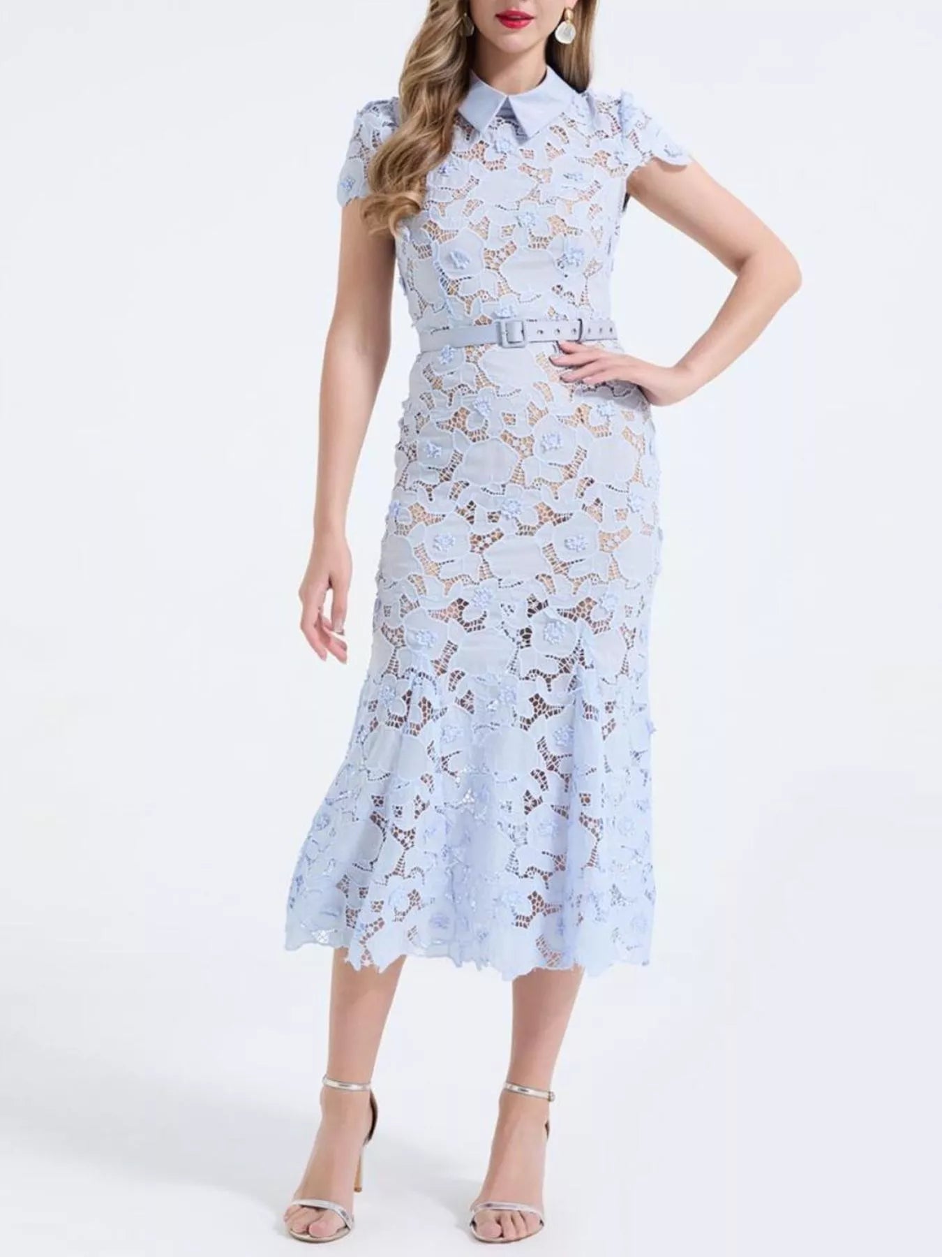 Floral Lace Short Sleeve Midi Dress