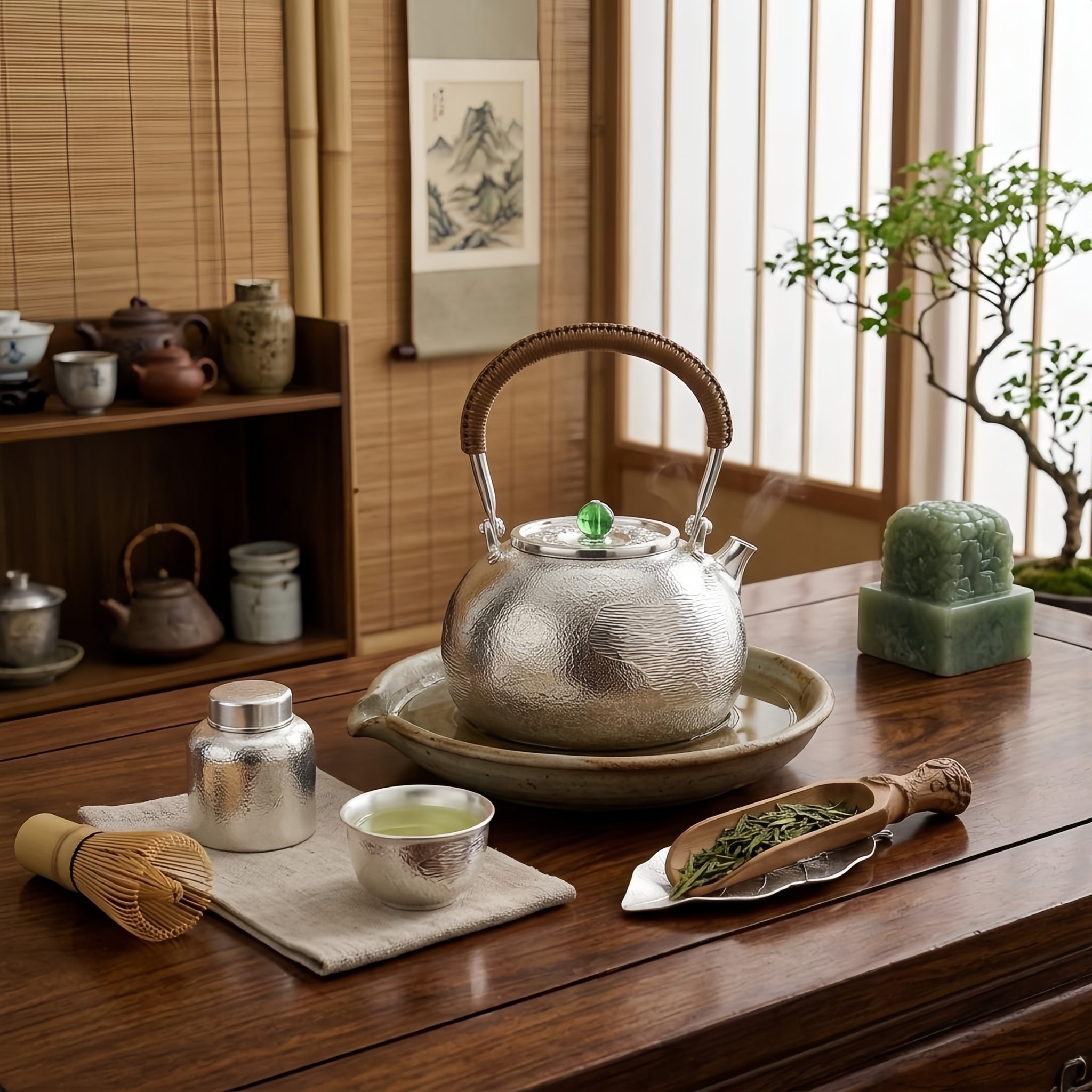 Pure 999 Fine Silver Handcrafted Textured Silver Teapot with Woven Rattan Handle and Green Jade Knob - Handicraft