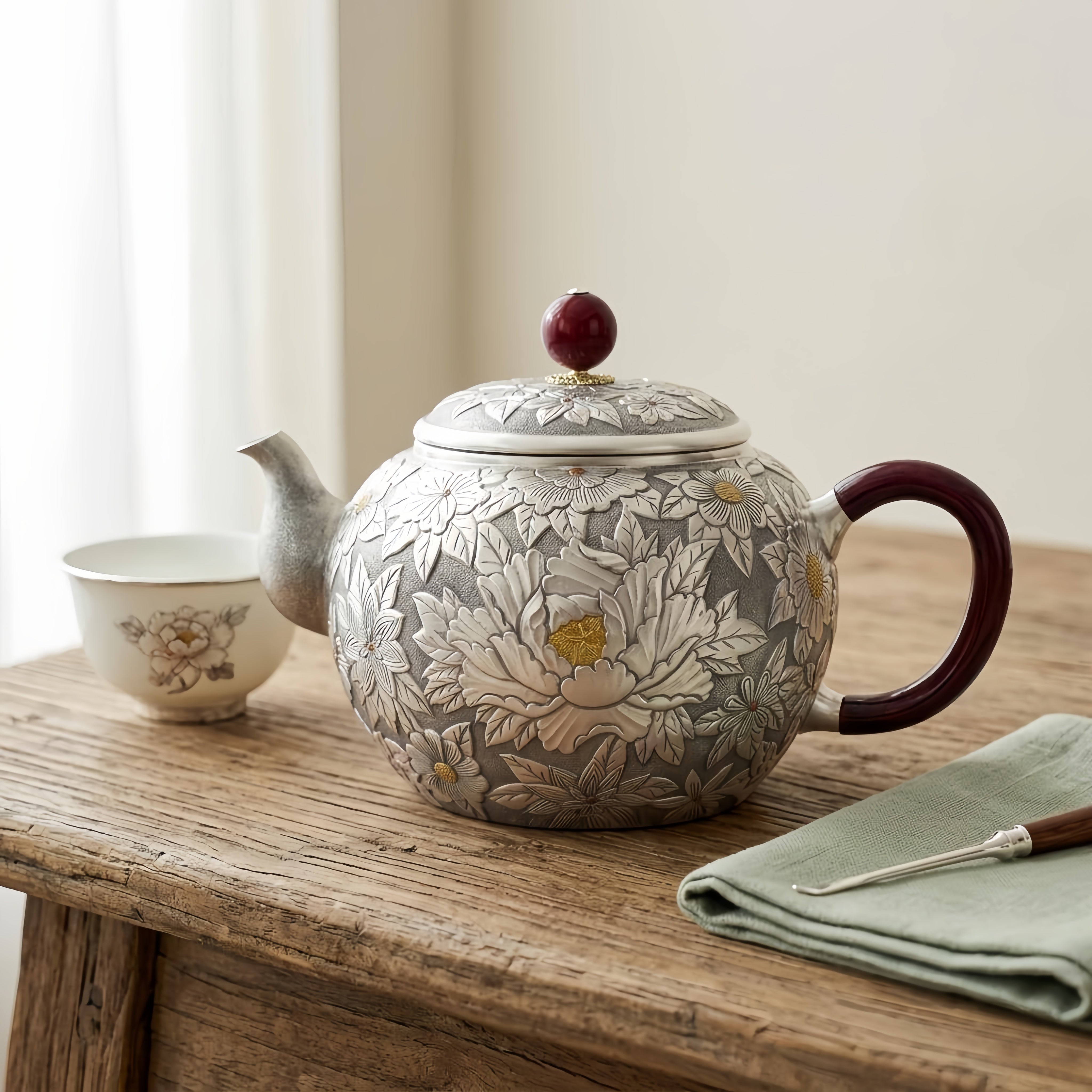 925 Sterling Silver Artisan Handcrafted Silver Teapot with Elegant Peony Engravings and Red Crimson Accents - Handicraft