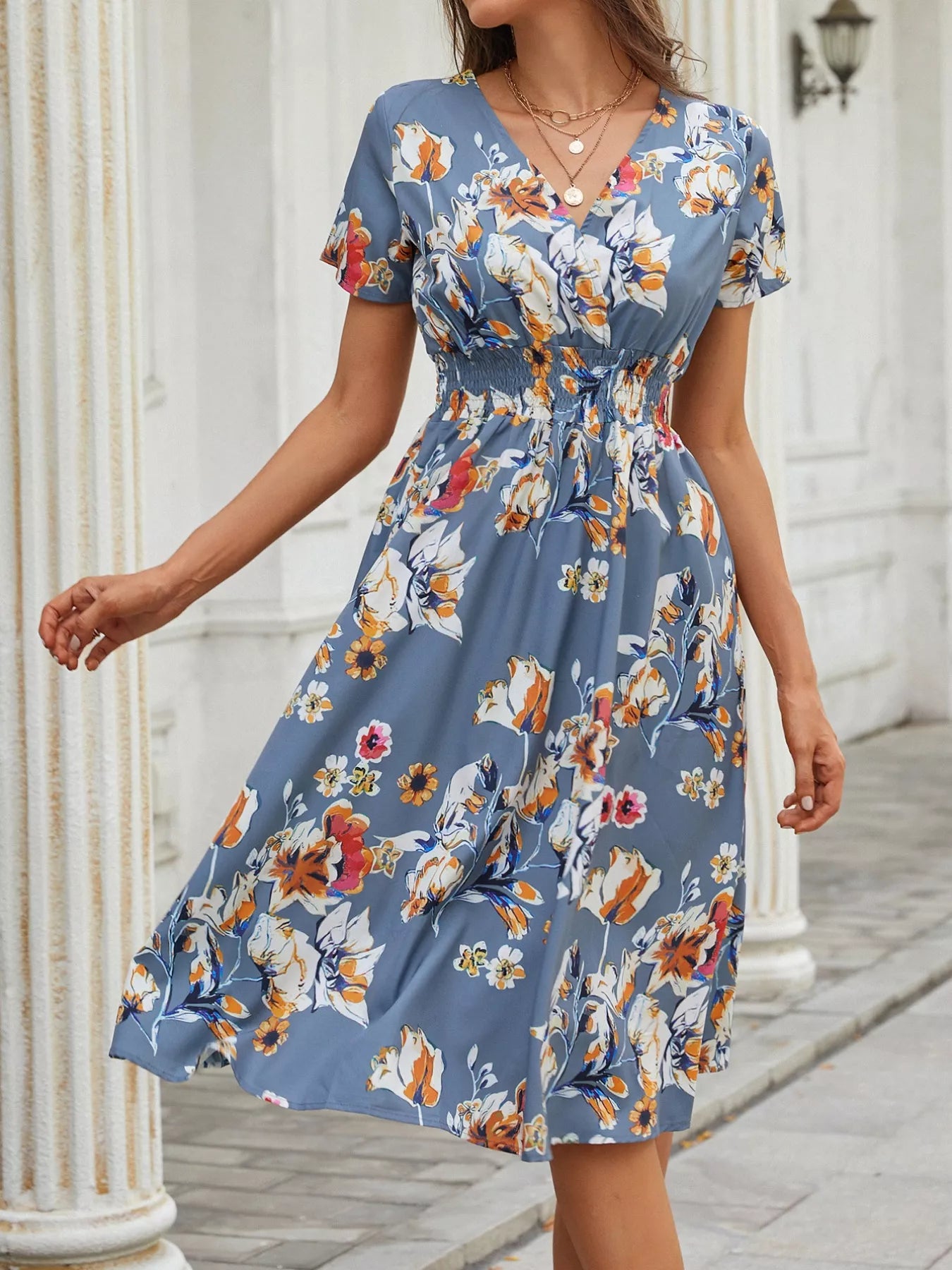 Printed Short Sleeve Midi Dress