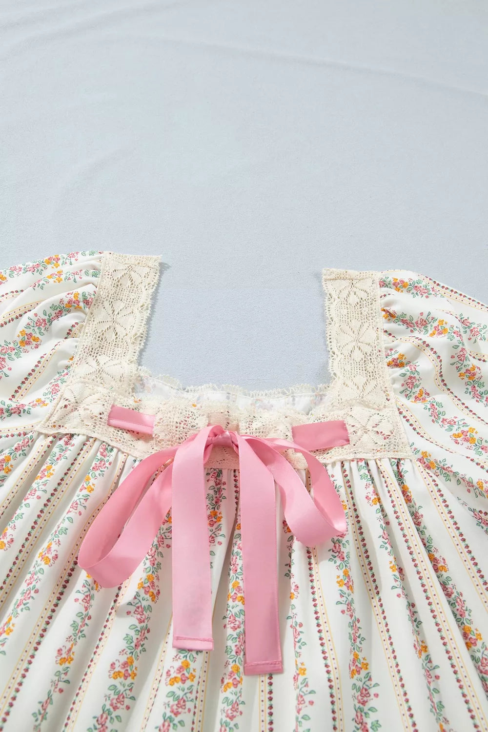 Multicolour Floral Print Contrast Ribbon Bow Lace Trim Square Neck Mini Dress