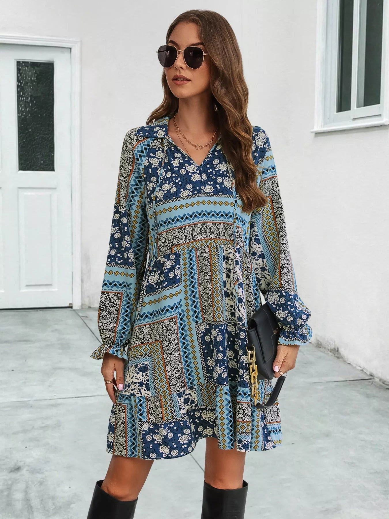 Boho Floral Print Long Sleeve Mini Dress