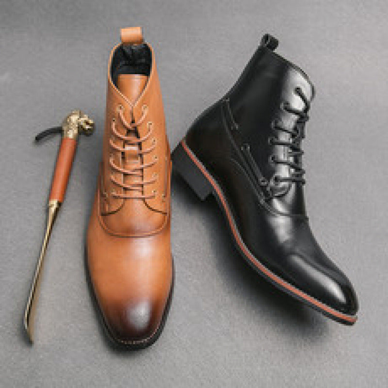 Mens Shoes British-style Height-increasing Leather Boots Hairstylist-pointed-toe Leather Shoes