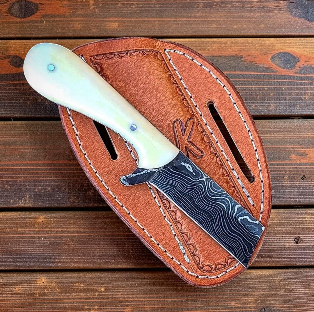The Bone Yard – Custom Handmade Damascus Steel Bull Cutter Knife with Bone Handle & Leather Sheath