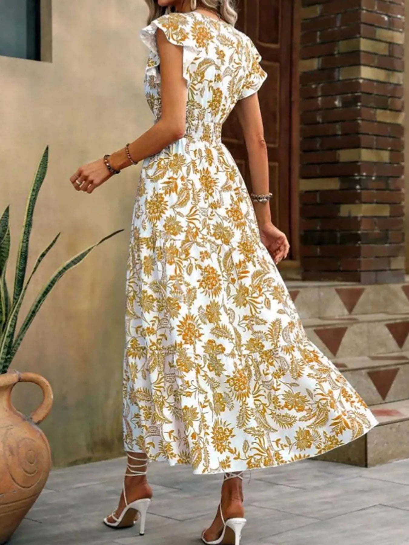 Floral Print Ruffle Sleeve Midi Dress