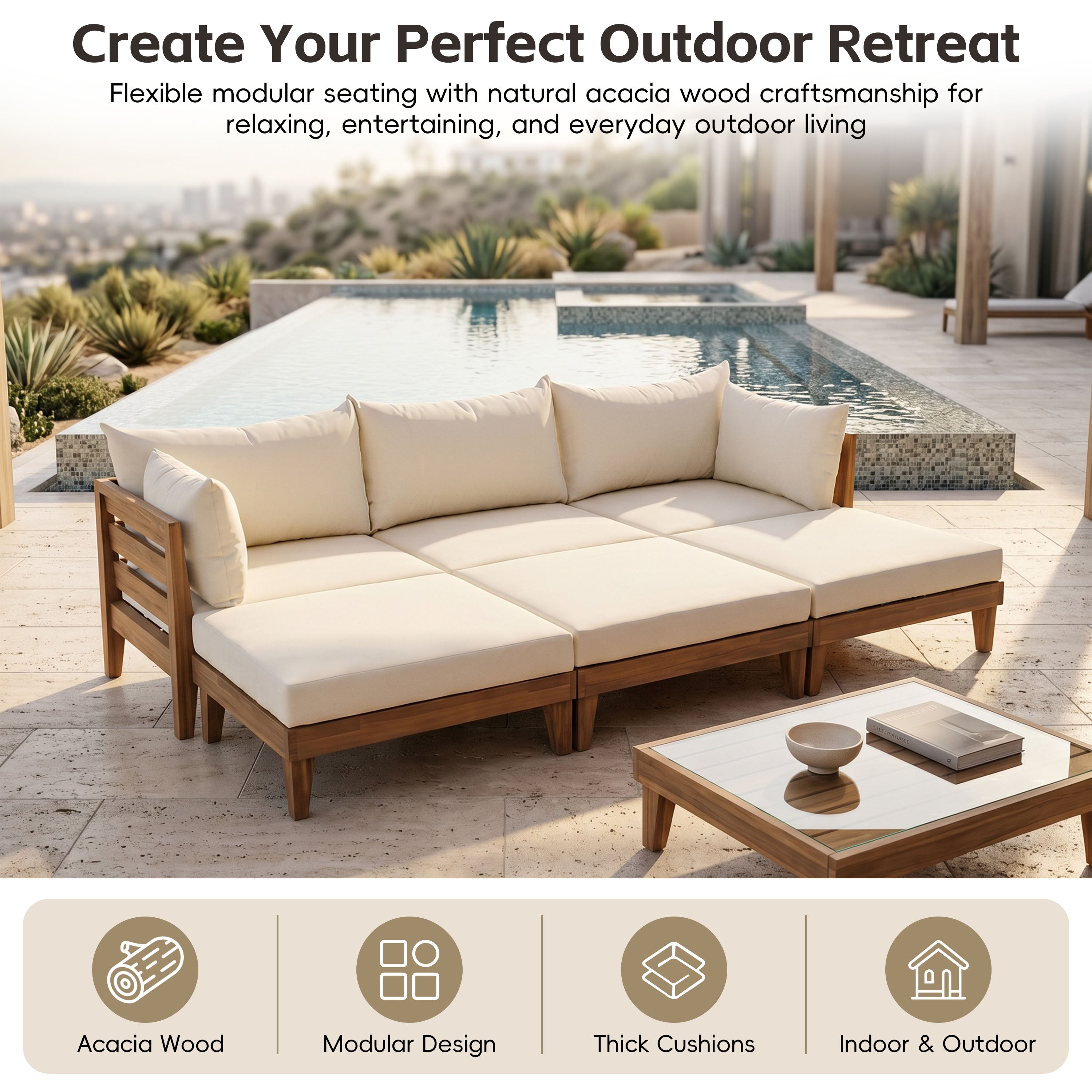 TOPMAX Outdoor Large 96.3" W Daybed Acacia Wood 6-Piece Patio Sofa Set