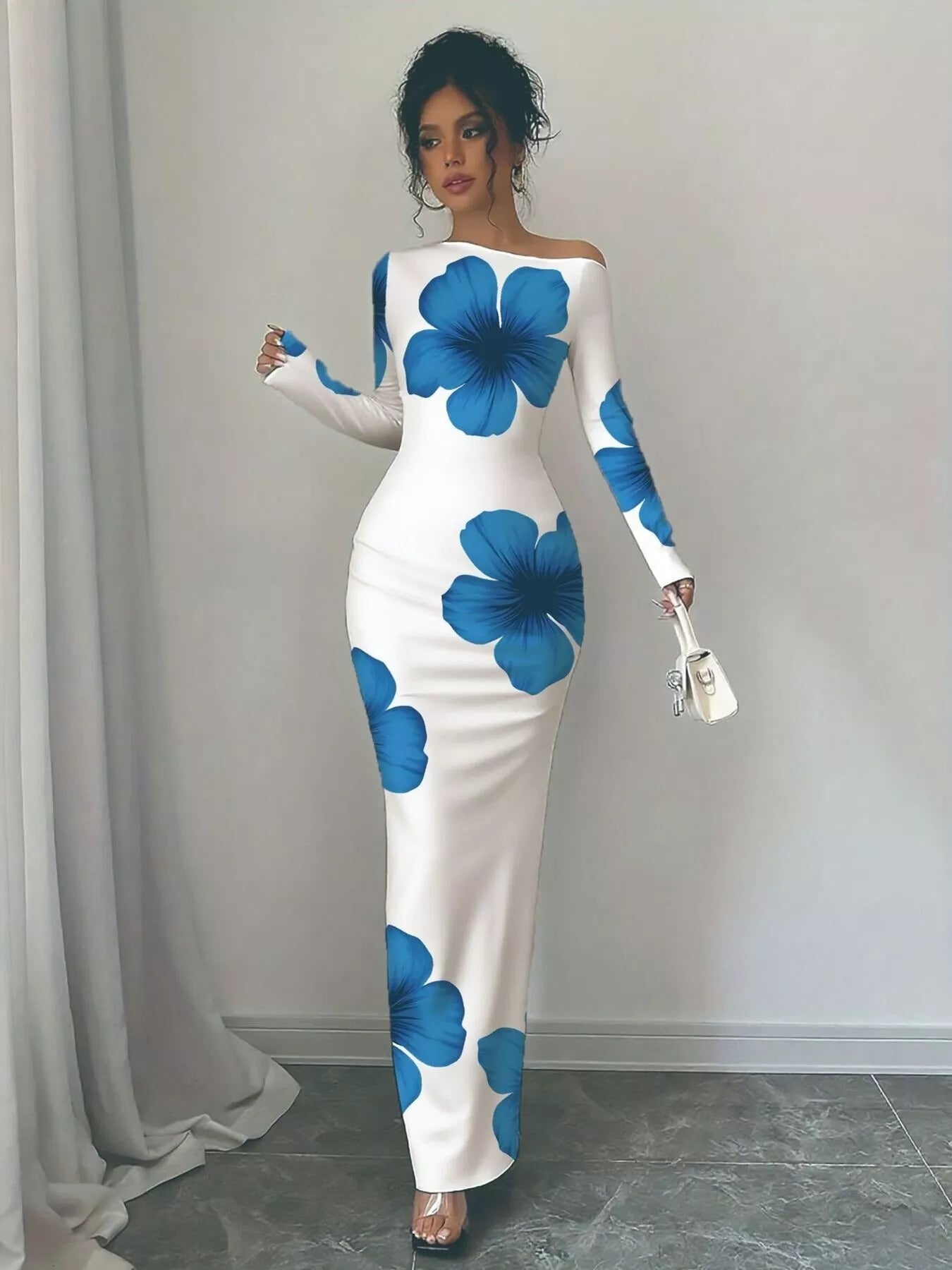 Floral Print One Shoulder Maxi Dress