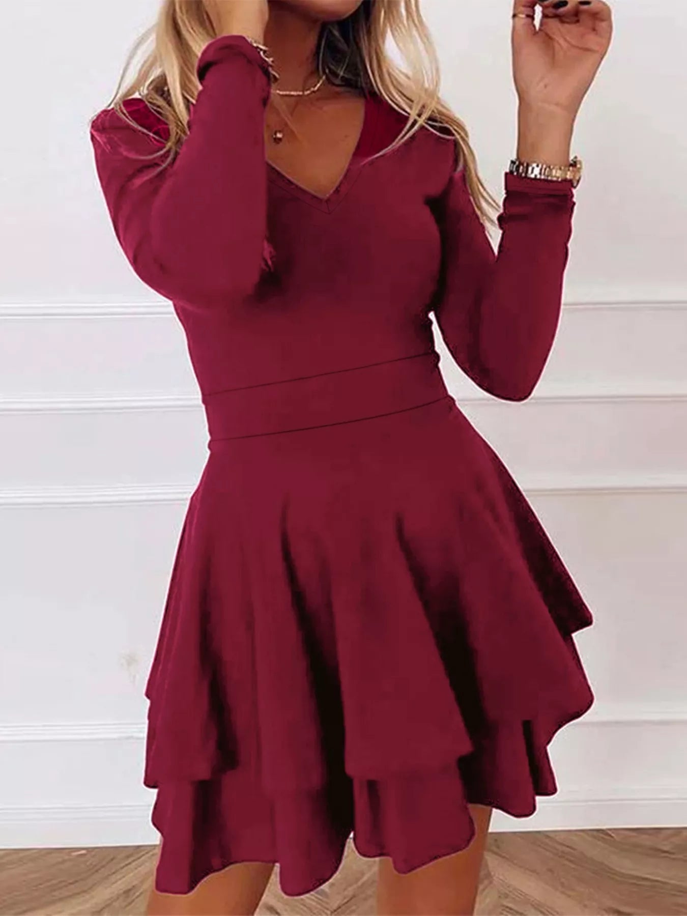 V-Neck Layered Ruffle Mini Dress