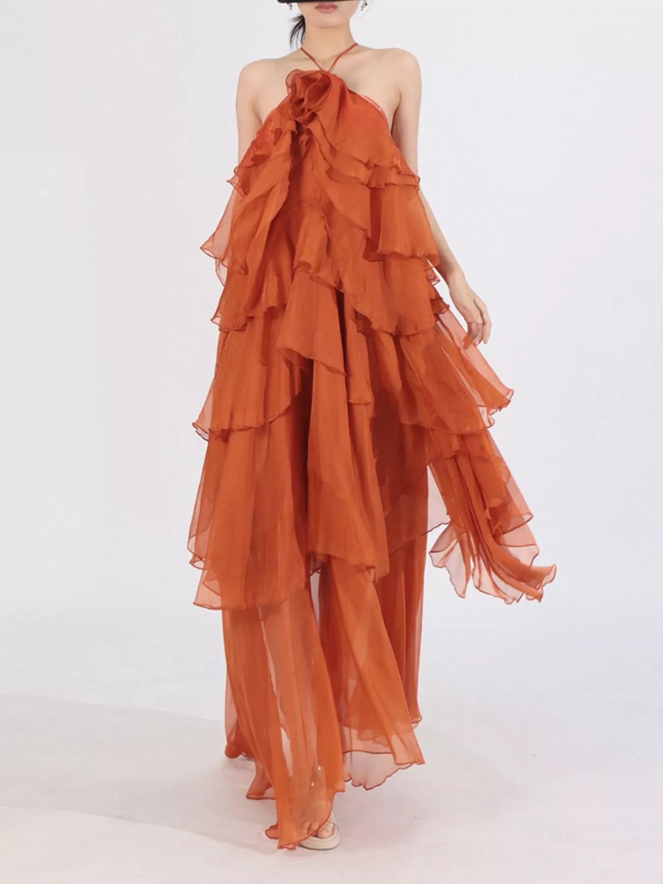 Ruffled Chiffon Halter Neck Maxi Dress