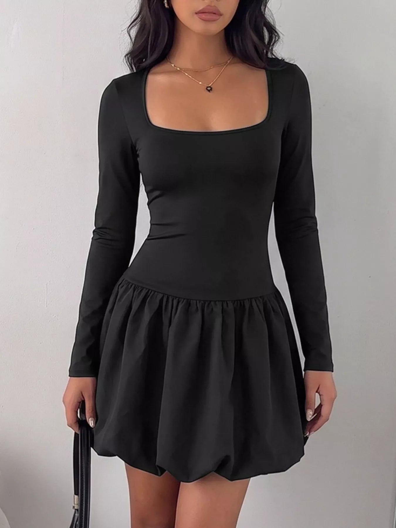 Square Neck Long Sleeve Bubble Hem Dress