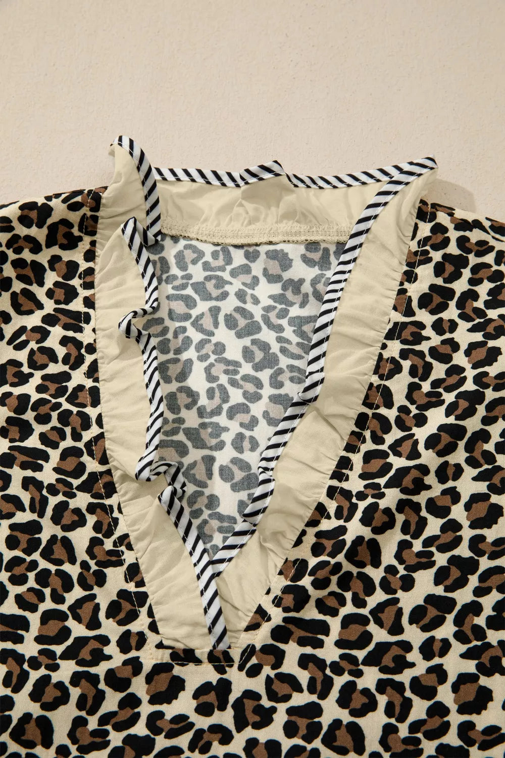 Leopard Print Striped Color Block Trim V Neck Bracelet Sleeve Mini Dress