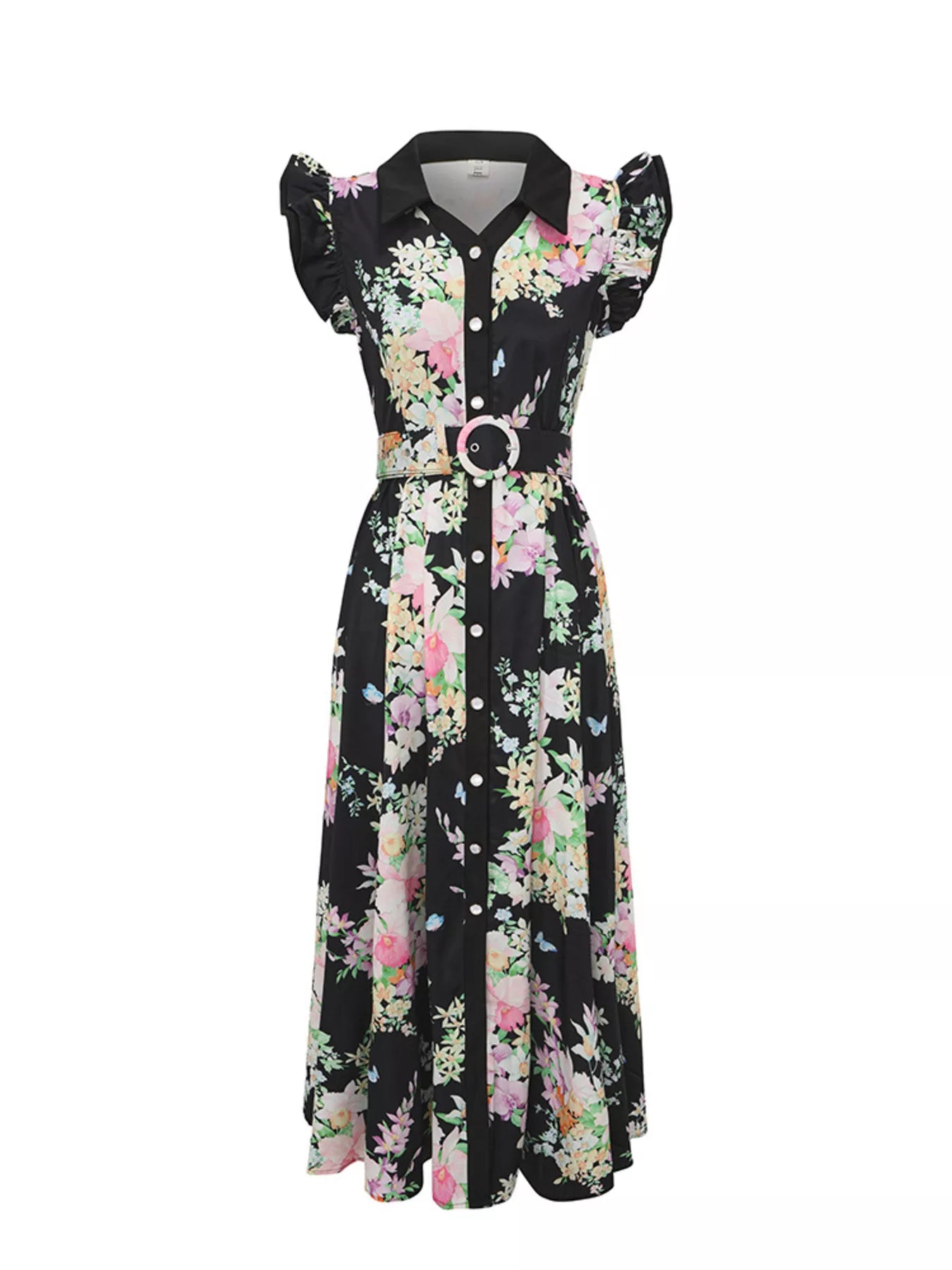 Floral Print Ruffle Sleeve Midi Dress