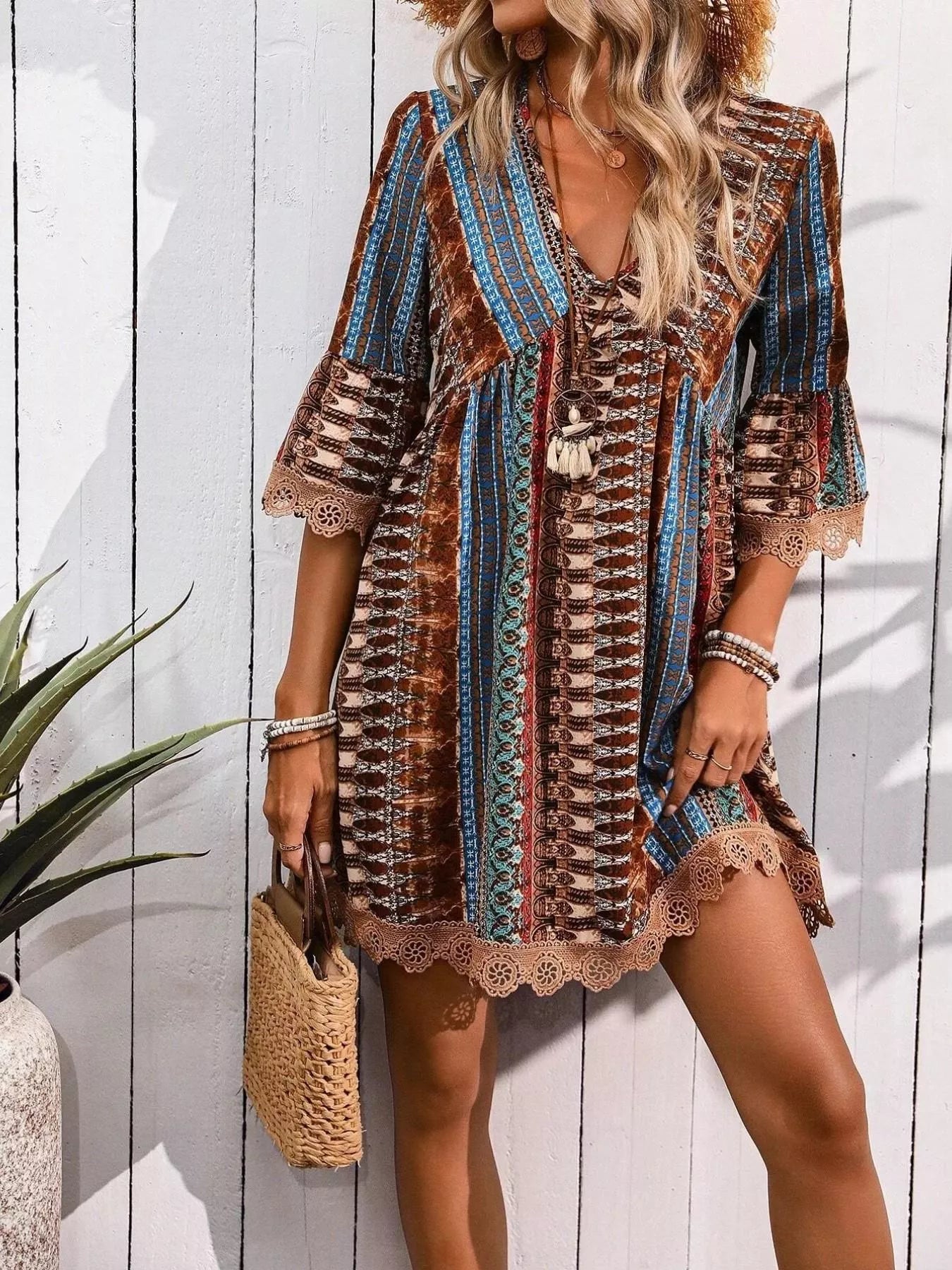 Printed V-Neck A-Line Dress