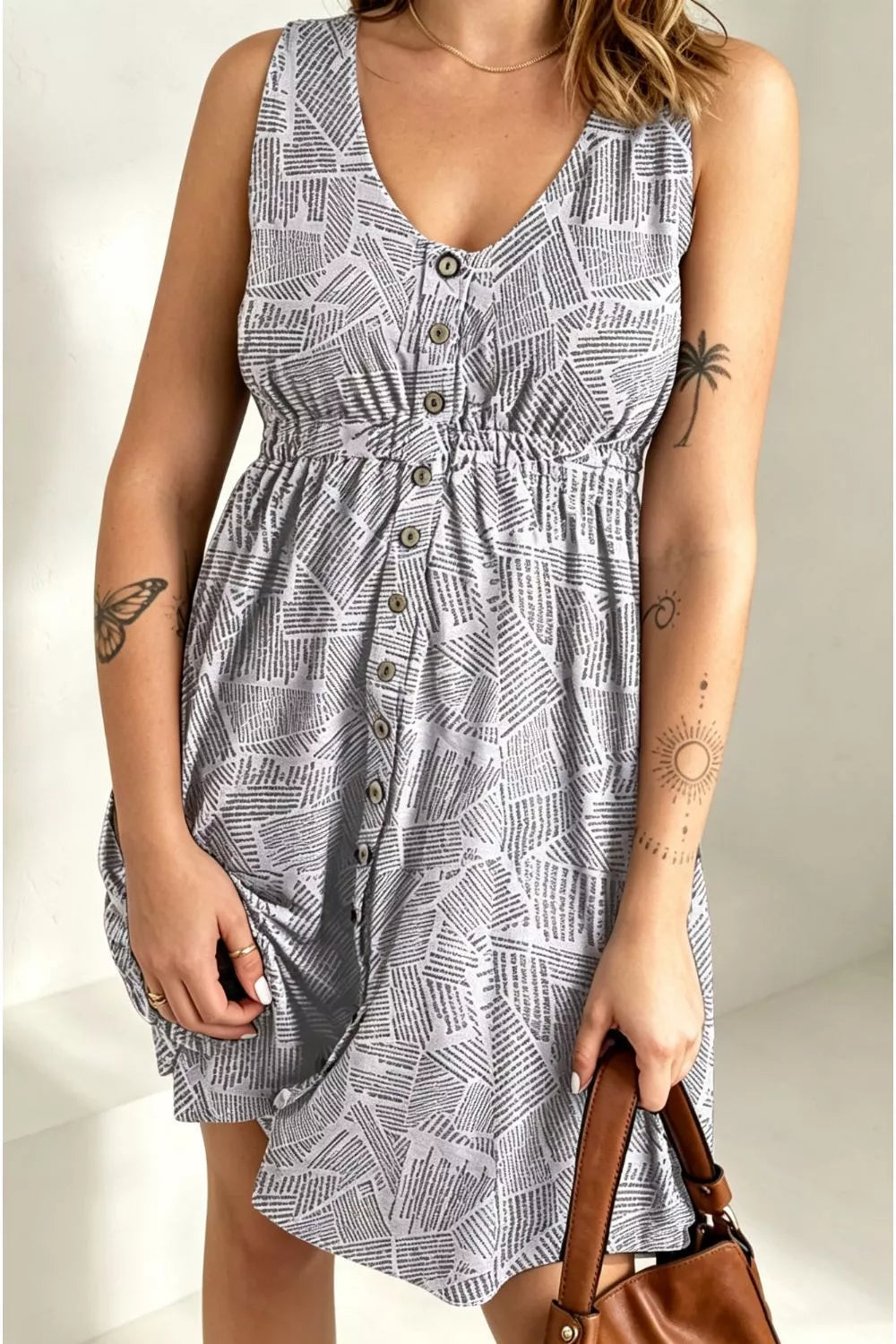 Double Take Printed Sleeveless Front Button Ruched Waist Side Slit Casual Magic Dress with Pockets