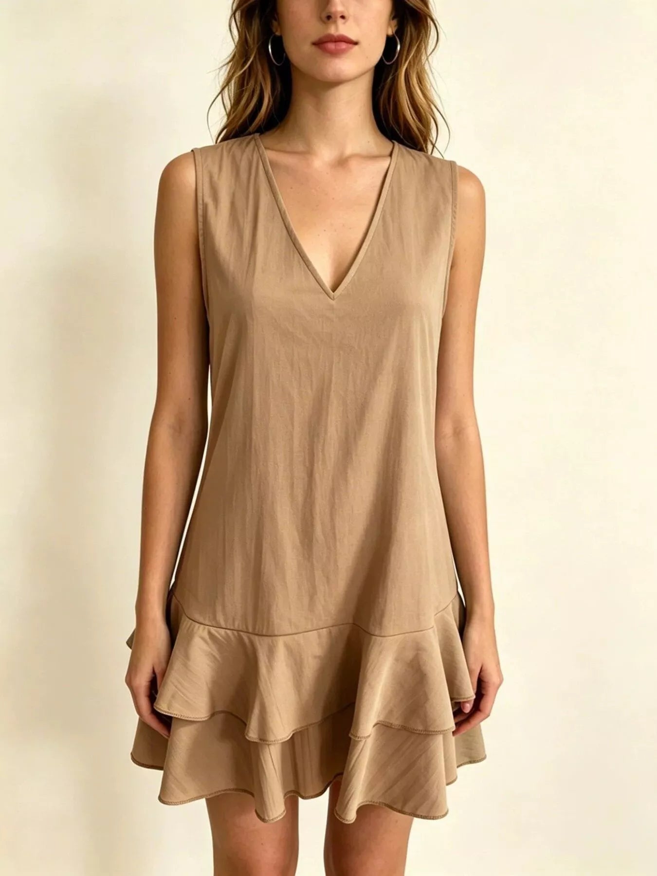 Full Size Sleeveless V-Neck Tiered Ruffle Mini Dress Plus Size