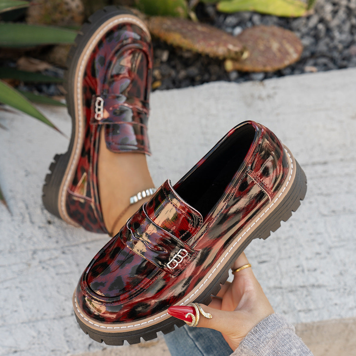 New Autumn Leather Belt-Buckle Patent Leather Leopard-Print Vintage Womens Shoes