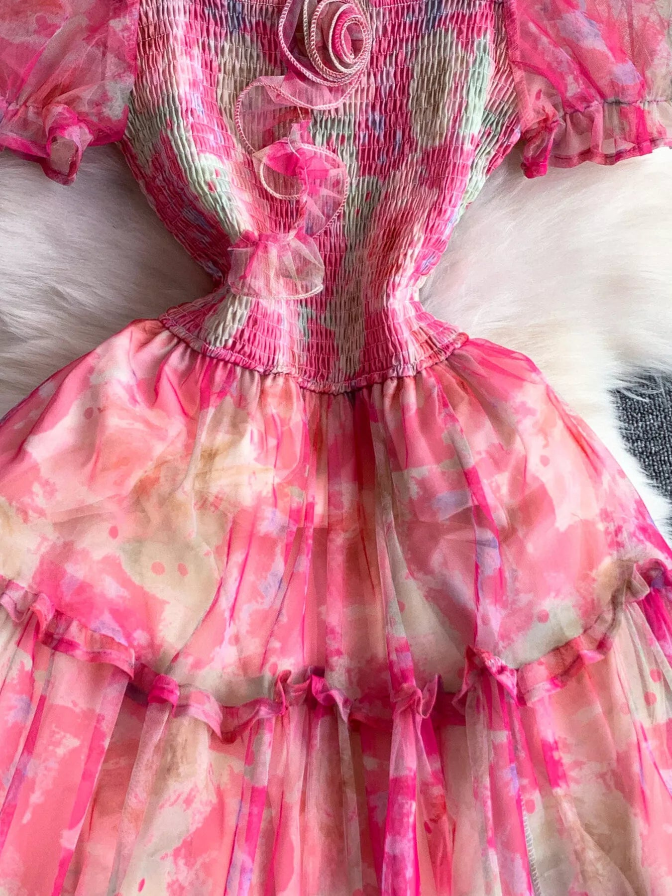 Smocked Floral Tiered Mesh Midi Dress