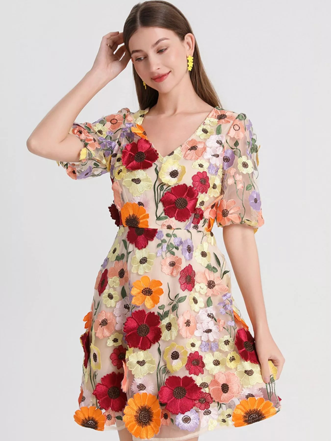 Plus Size Embroidered Floral V-Neck Mini Dress