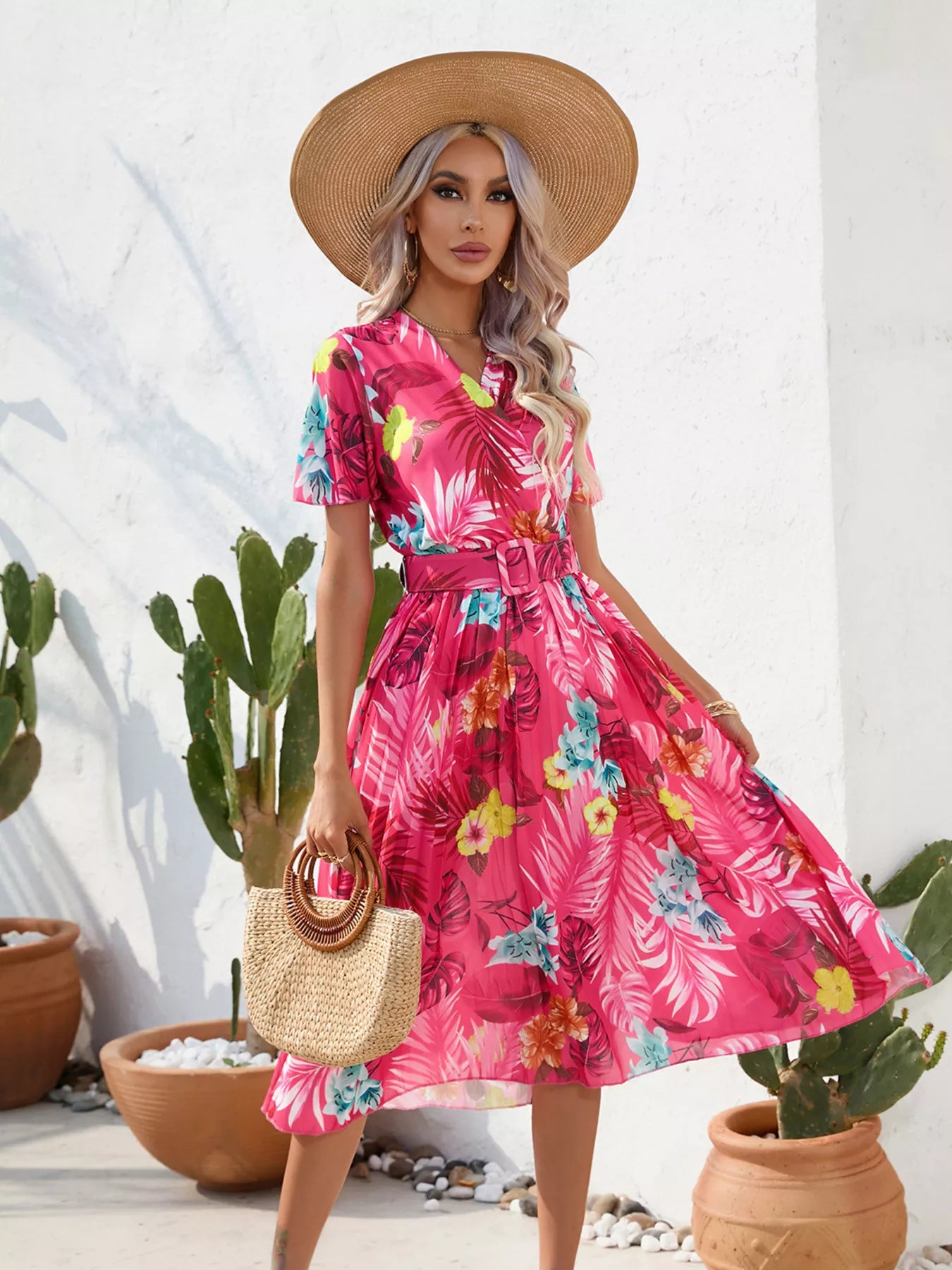 Pleated Tropical Print Belted Midi Dress