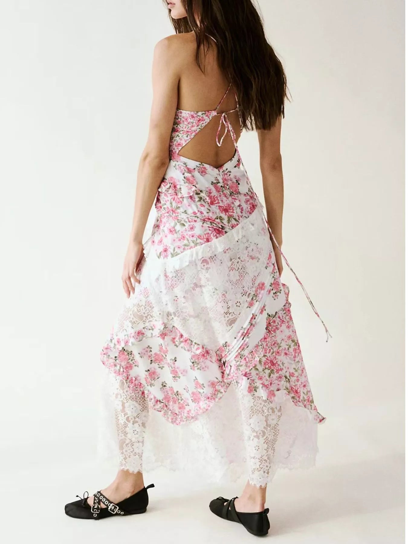 Lace Floral Print Ruffle Trim Maxi Dress