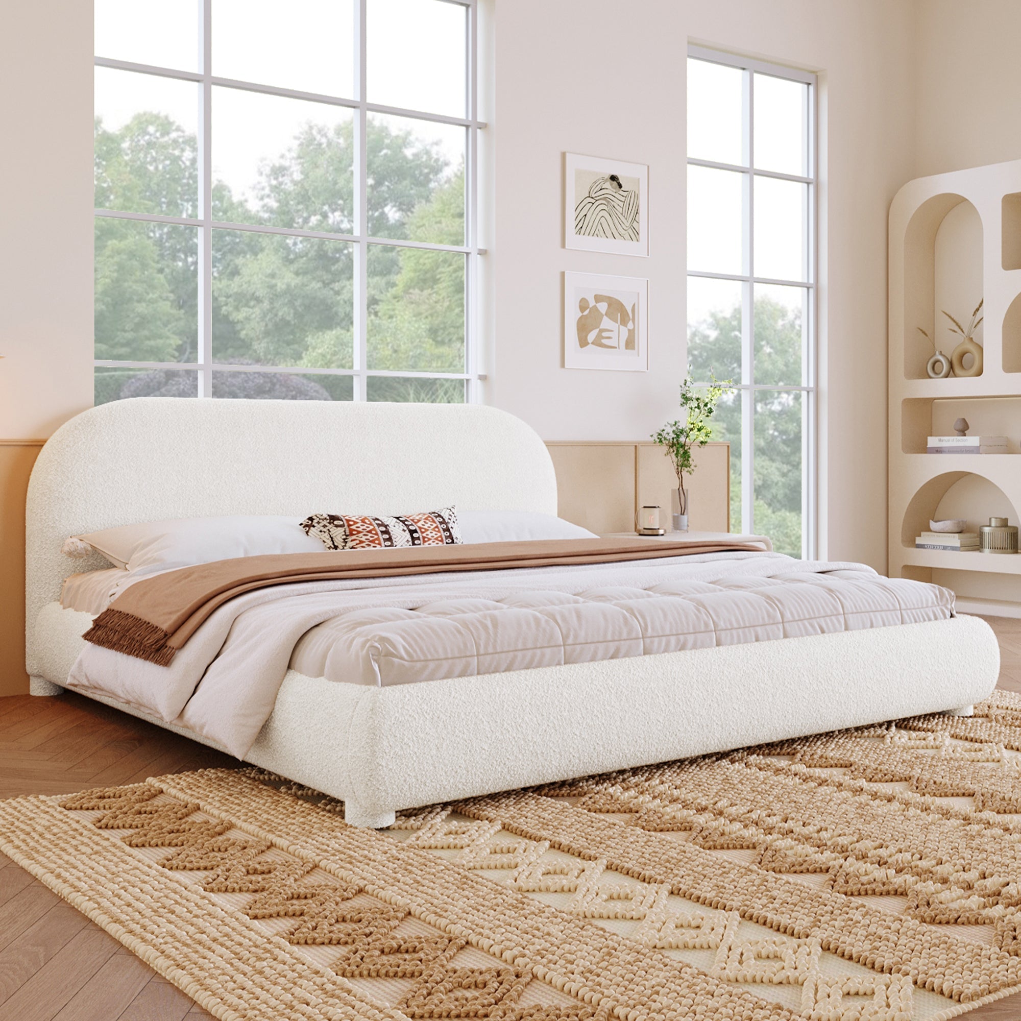 Cream Style Fabric Upholstered King Bed