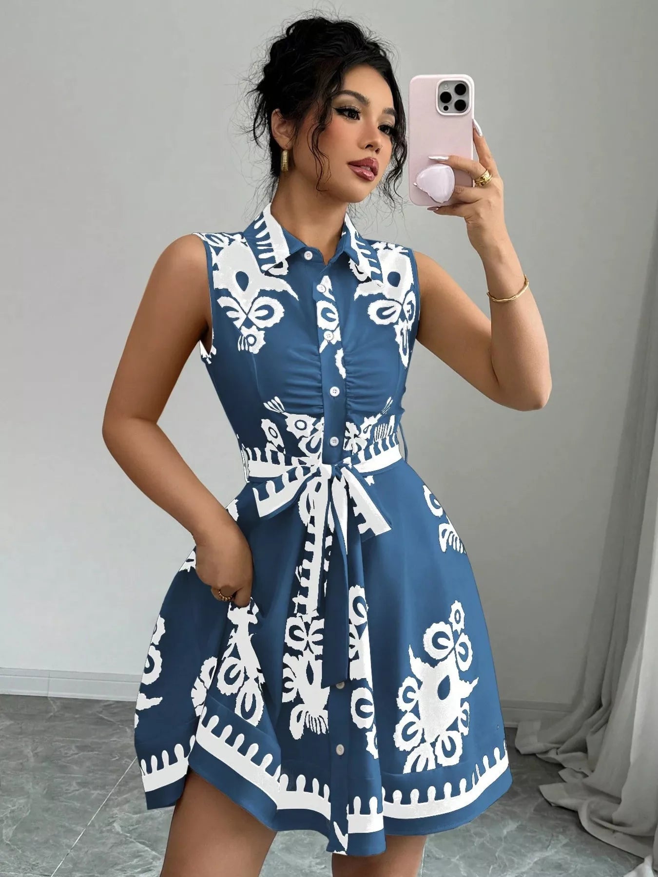Sleeveless Ruched Printed Tie Waist Dress
