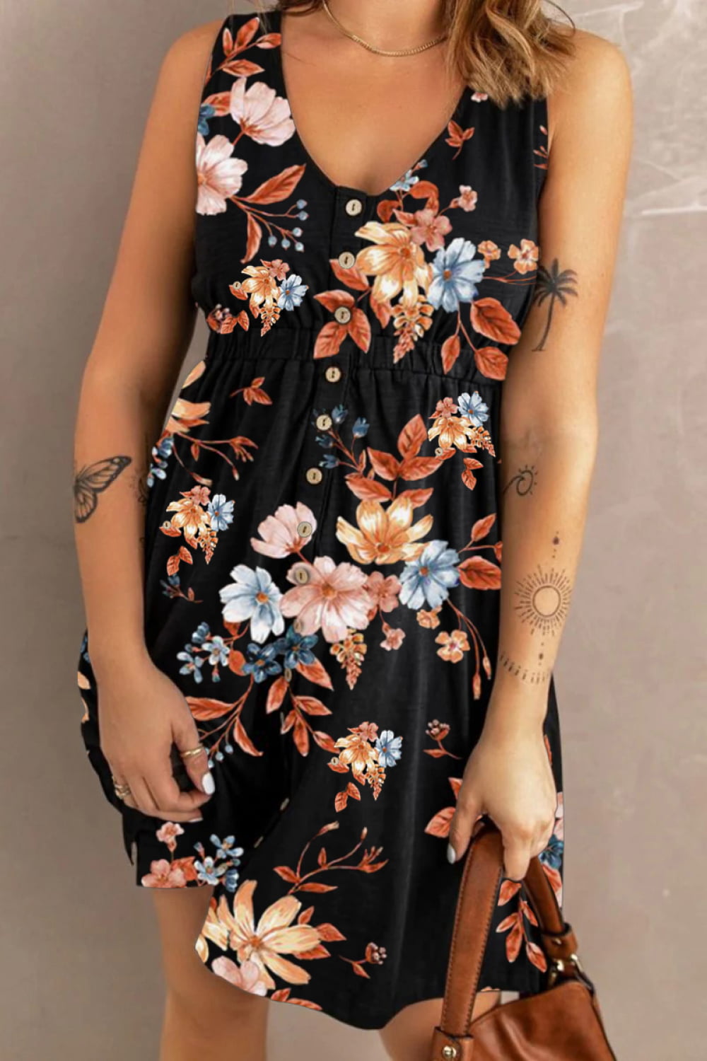 Double Take Printed Sleeveless Front Button Ruched Waist Side Slit Casual Magic Dress with Pockets