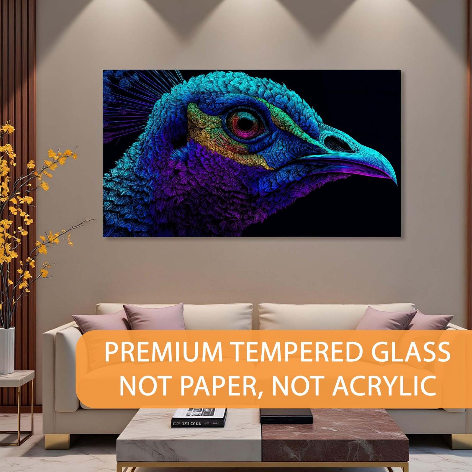 Neon Peacock Portrait Tempered Glass Wall Art | Custom Large Glass Wall Decor for Living Room