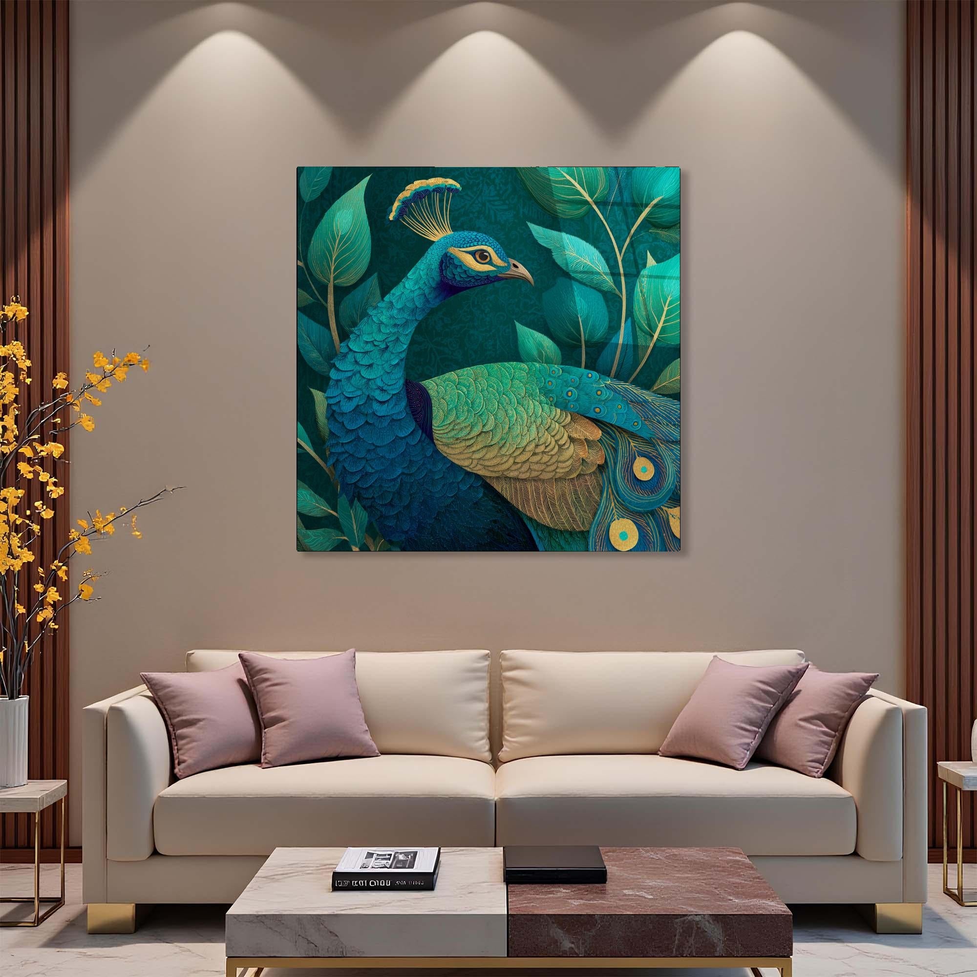 Teal & Gold Peacock Tempered Glass Wall Art | Elegant Home Decor