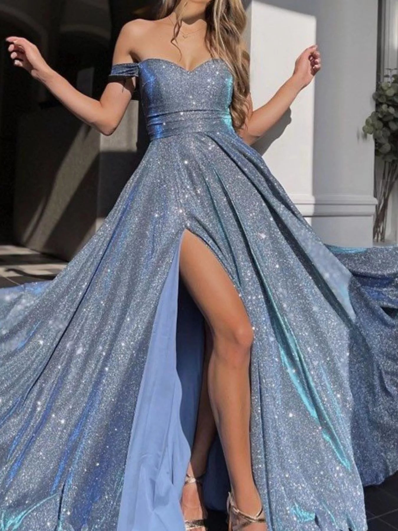 Off-Shoulder High Slit Maxi Dress