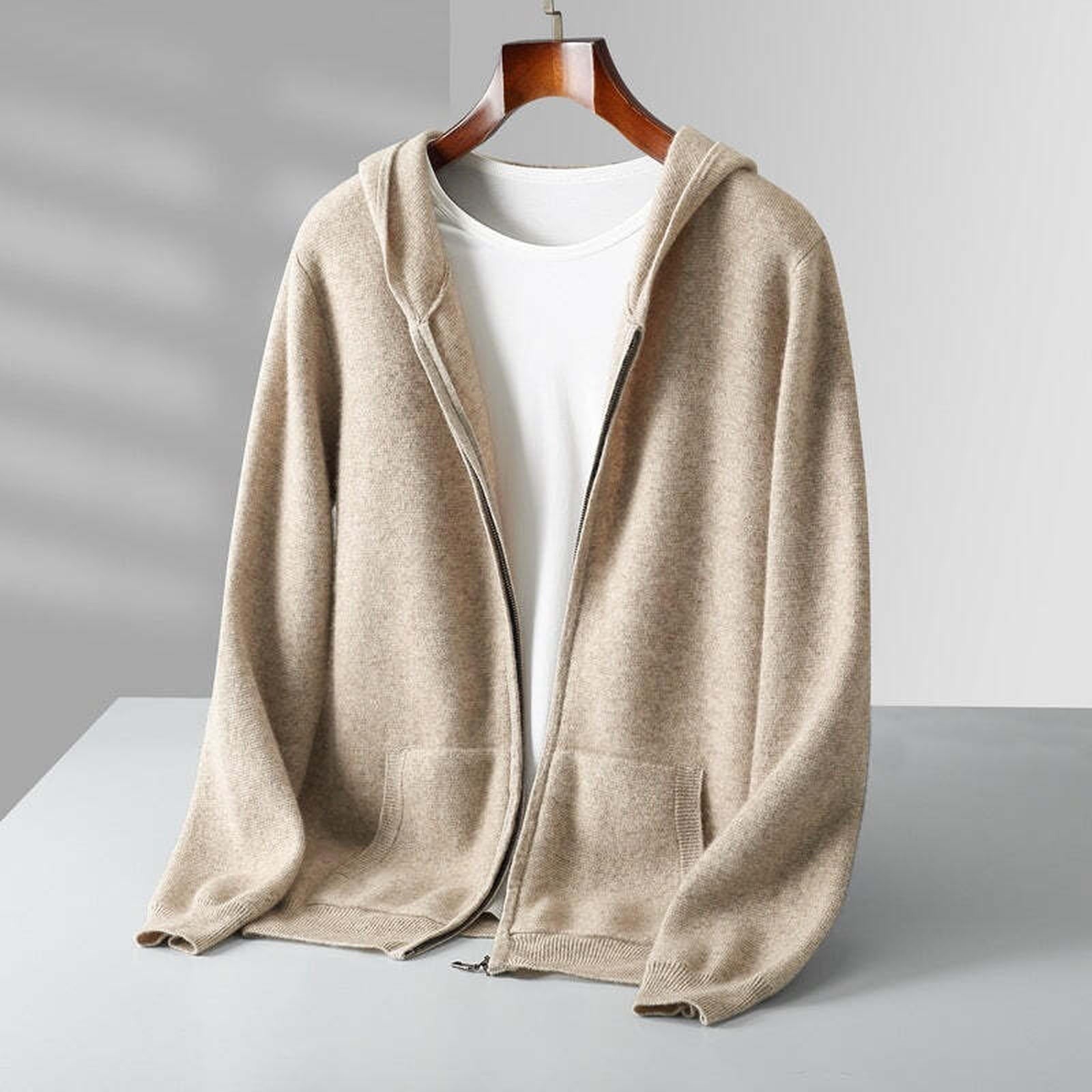 Fall Winter New Cashmere Zip-Up Hooded Sweater Set for Men, Thick Loose Knit Cardigan Jacket