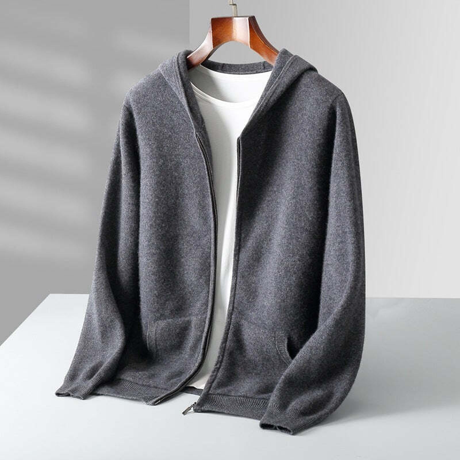 Fall Winter New Cashmere Zip-Up Hooded Sweater Set for Men, Thick Loose Knit Cardigan Jacket
