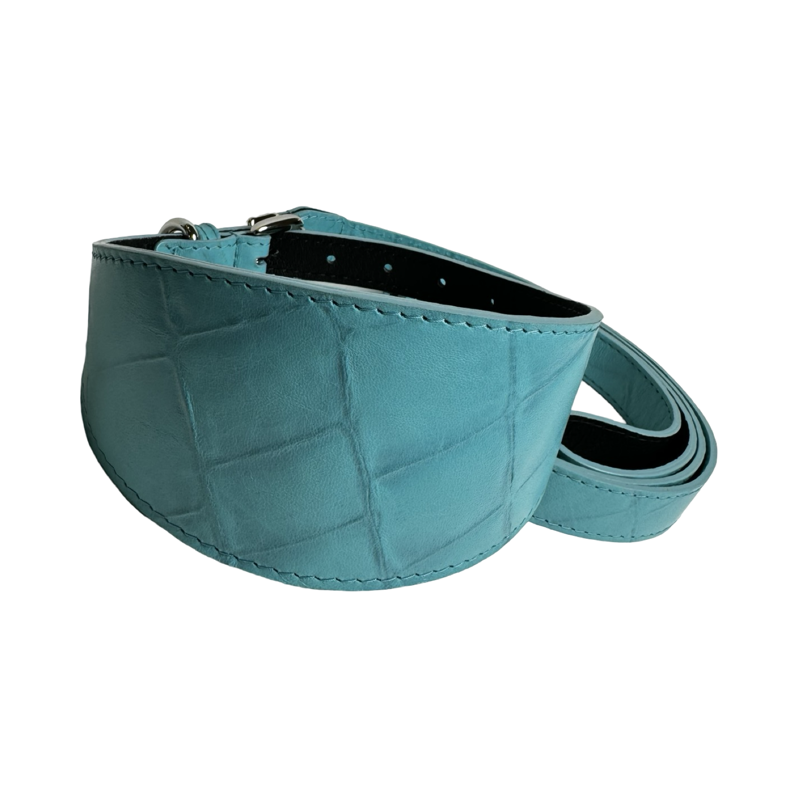 The Tiffany Collection. Gorgeous Turquoise Blue Embossed Croc Italian Leather 3” Wide Style Collar, With Silver Hardware