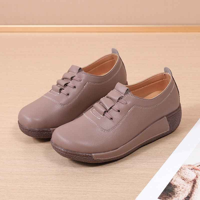 Large Size Sports Shoes for Women, Korean Version Thick Sole Rocking Shoes for Women, Genuine Leather Slip-On Wedge Heel Casual Mother Shoes