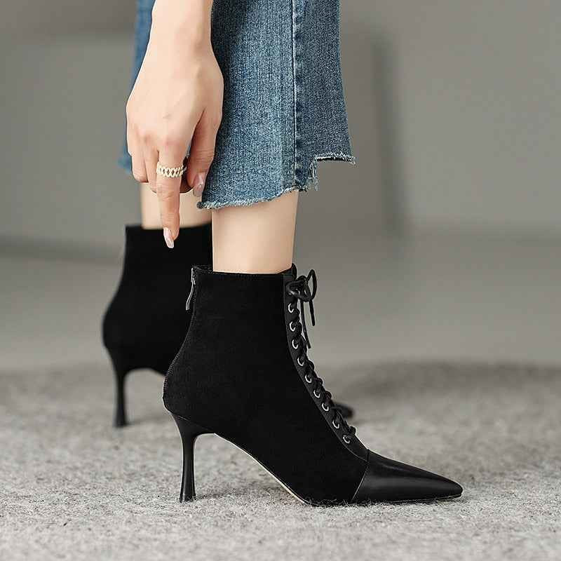 Mature Elegant Women Ankle Boots Pointed Toe Thin High Heels Female Office Genuine Leather Cross-Tied Shoes Woman