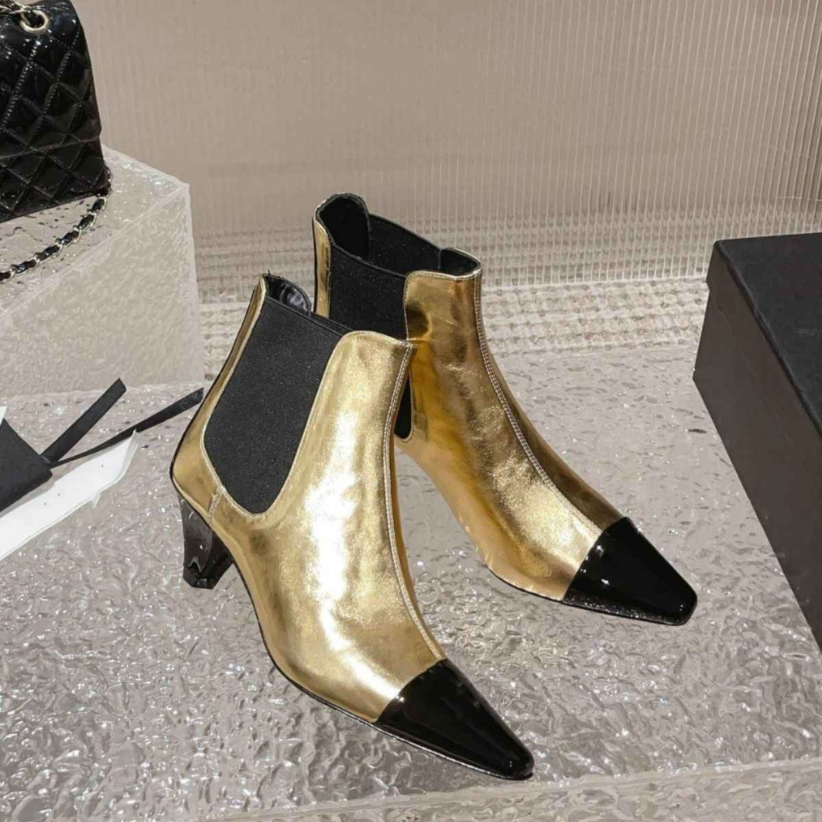 Pointy toe Chelsea Ankle Boots Women Genuine Leather Patchwork Color Wedges Heel Short Boots Sexy Luxury Fashion Week Boots fema