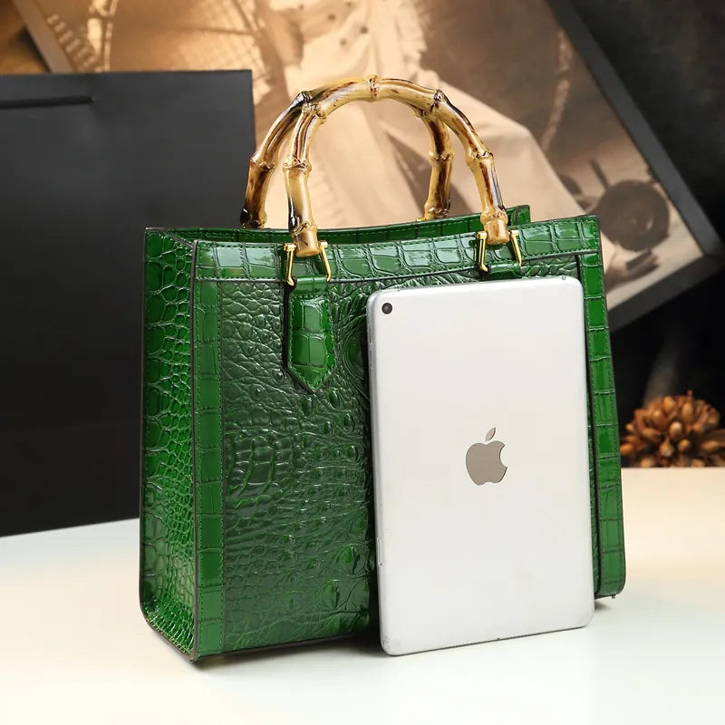 Brand Genuine Leather Bamboo Women's Bag Crocodile Pattern Ladies Handbag Portable Tote Bag Mom Tide Shoulder Messenger Bags